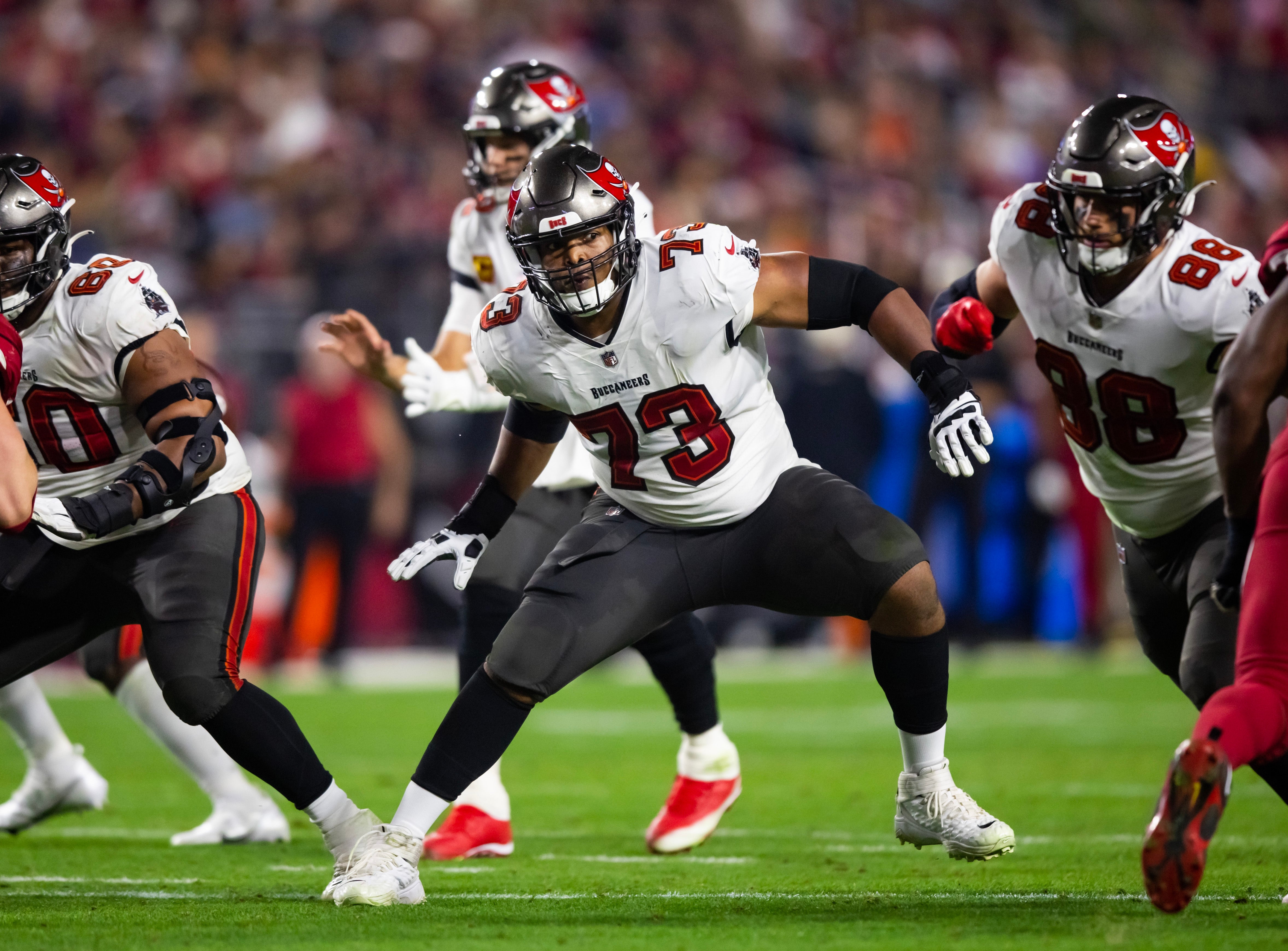 Dec 25, 2022; Glendale, Arizona, USA; Tampa Bay Buccaneers offensive tackle Brandon Walton (73) against the Arizona Cardinals at State Farm Stadium
