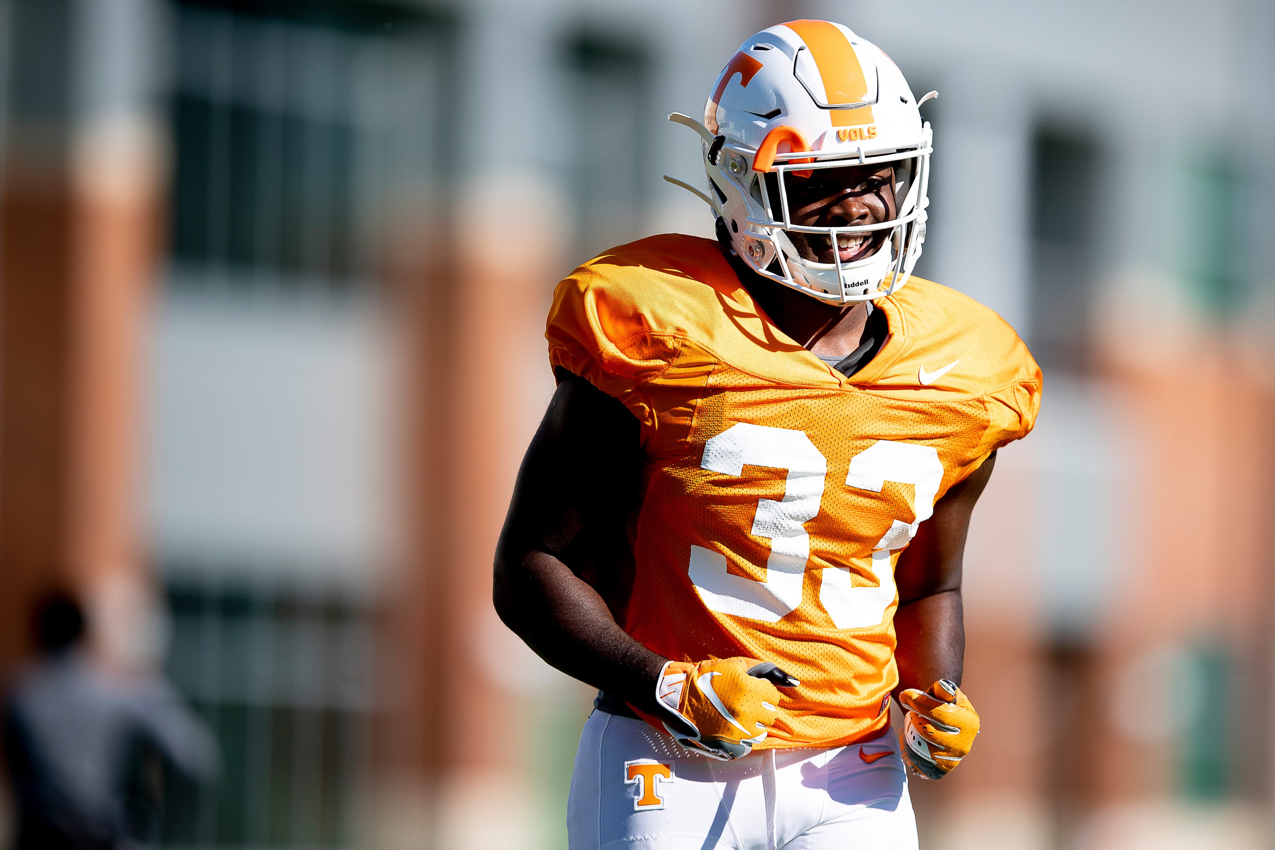 Tennessee running back/linebacker Jeremy Banks (33) runs on the field during Tennessee fall football practice at Haslam Field in Knoxville, Tennessee on Wednesday, September 25, 2019.