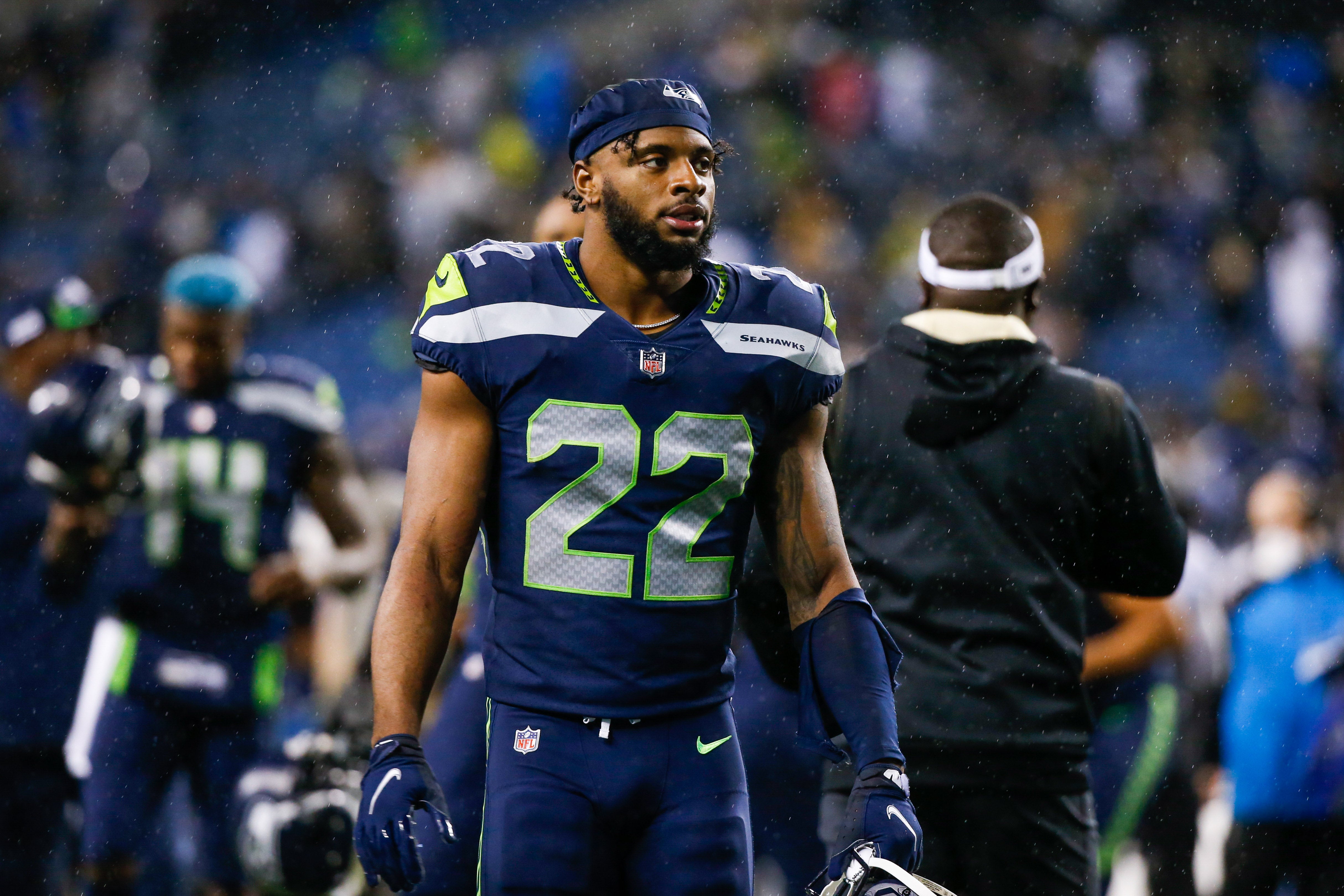 Oct 25, 2021; Seattle, Washington, USA; Seattle Seahawks cornerback Tre Brown (22) walks to the locker room following a 13-10 loss against the New Orleans Saints at Lumen Field.