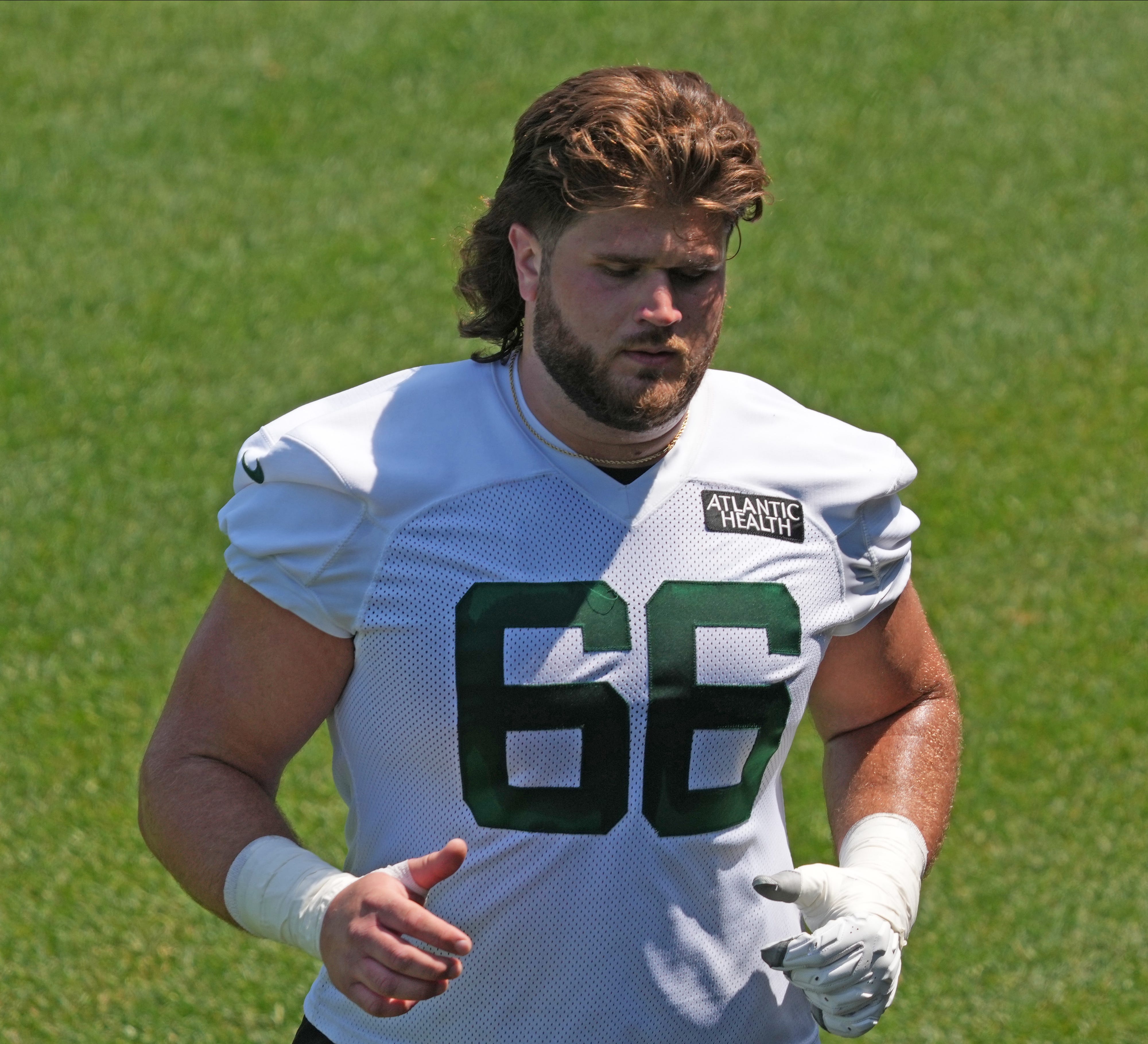 Florham Park, NJ May 31, 2023 -- Second round draft pick center Joe Tippmann during the Jets OTA.