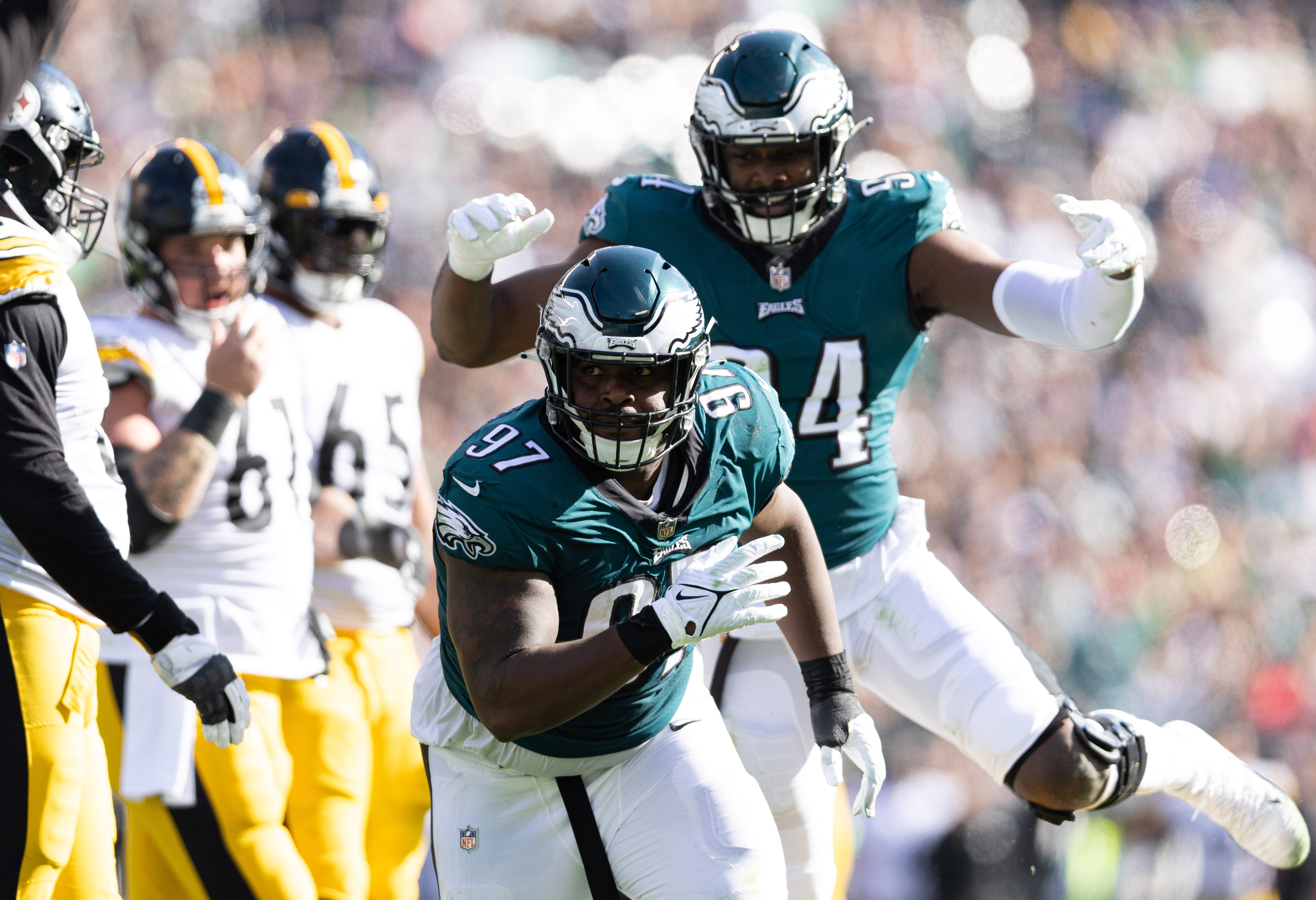 Oct 30, 2022; Philadelphia, Pennsylvania, USA; Philadelphia Eagles defensive tackle Javon Hargrave (97) reacts after a sack against the Pittsburgh Steelers during the second quarter at Lincoln Financial Field. Mandatory Credit: Bill Streicher-USA TODAY Sports