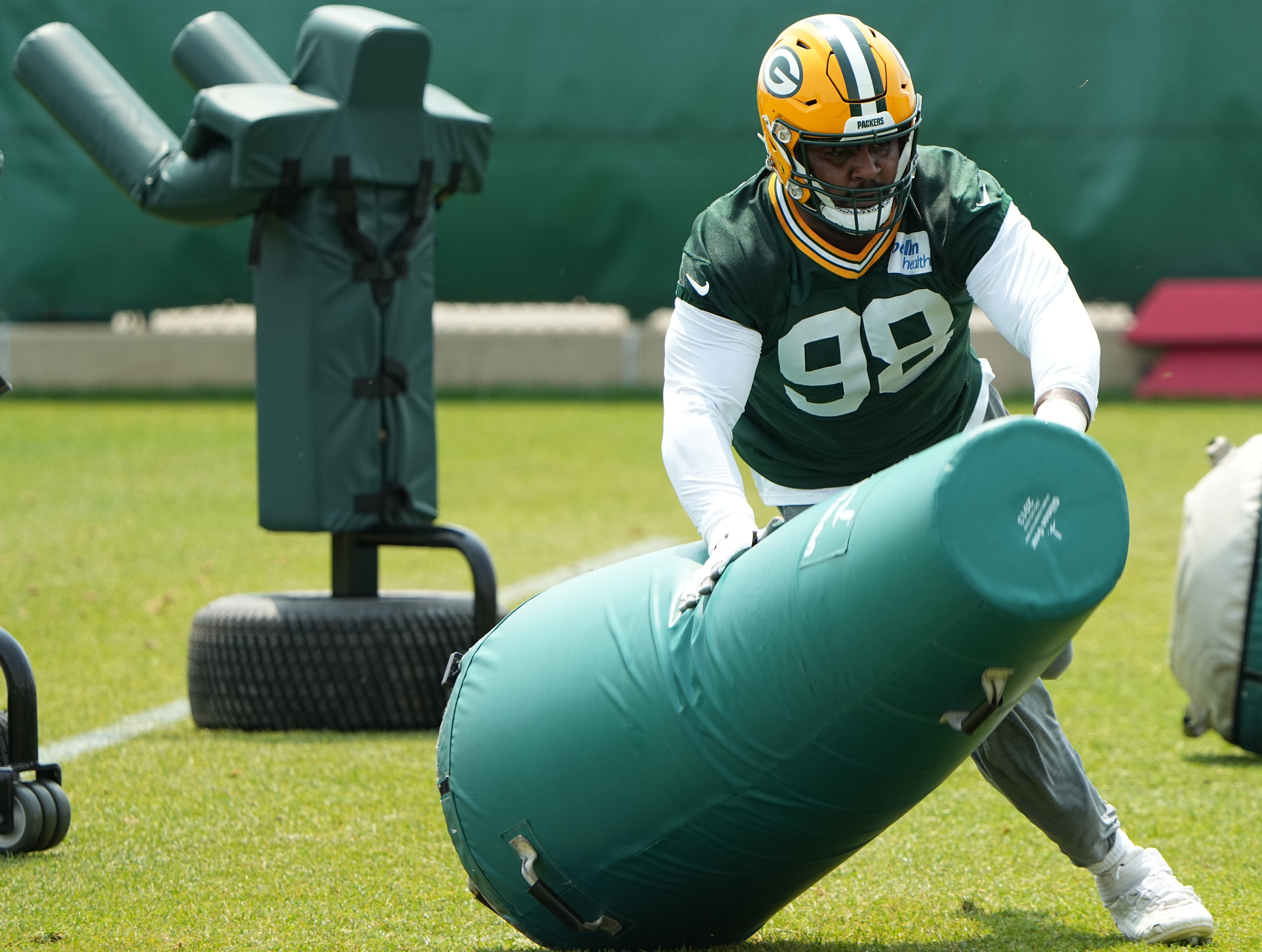 Green Bay Packers defensive tackle Chris Slayton (98) is shown during organized team activities Tuesday, May 23, 2023 in Green Bay, Wis.