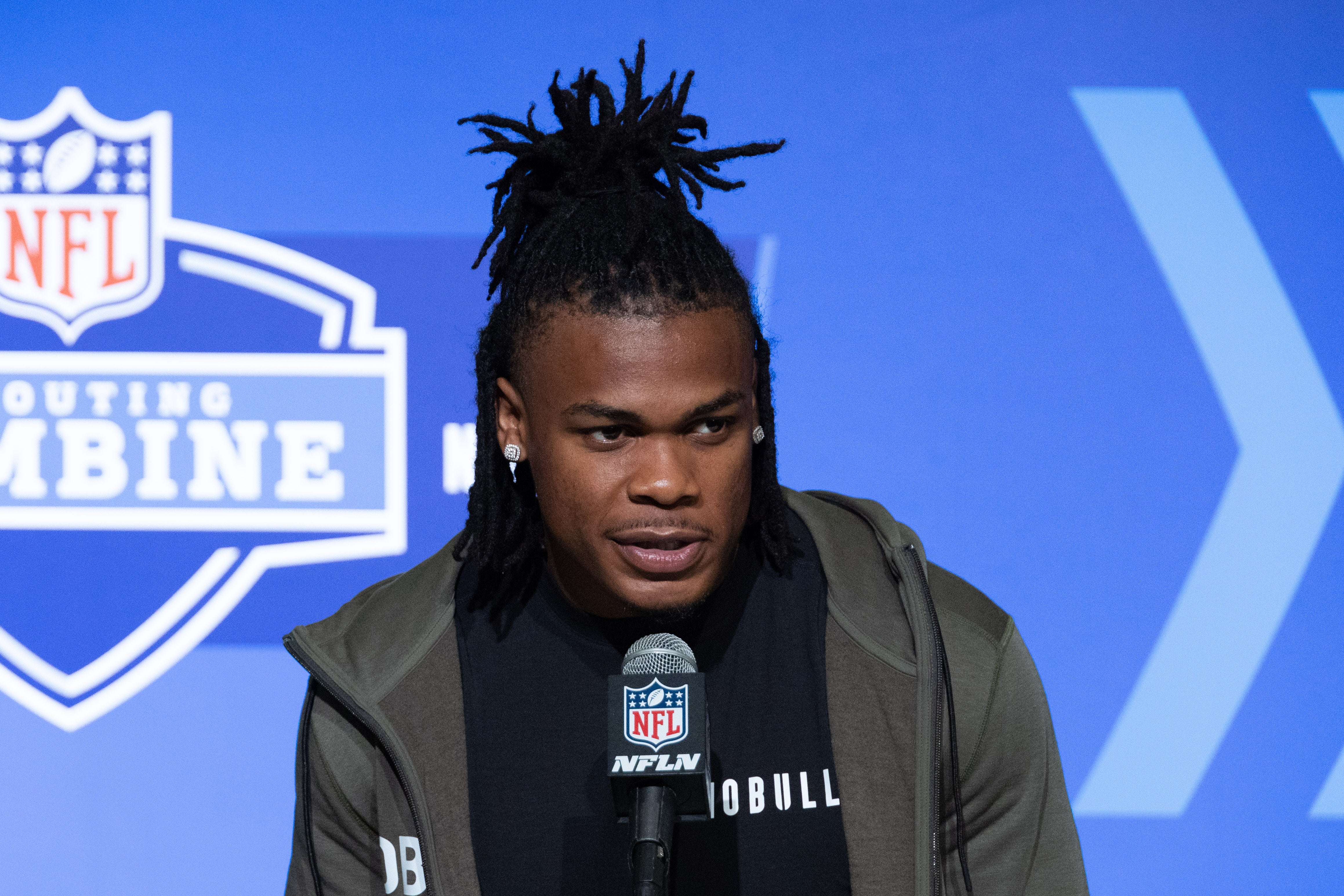 Mar 2, 2023; Indianapolis, IN, USA; Penn State defensive back Ji'Ayir Brown (DB41) speaks to the press at the NFL Combine at Lucas Oil Stadium. Mandatory Credit: Trevor Ruszkowski-USA TODAY Sports