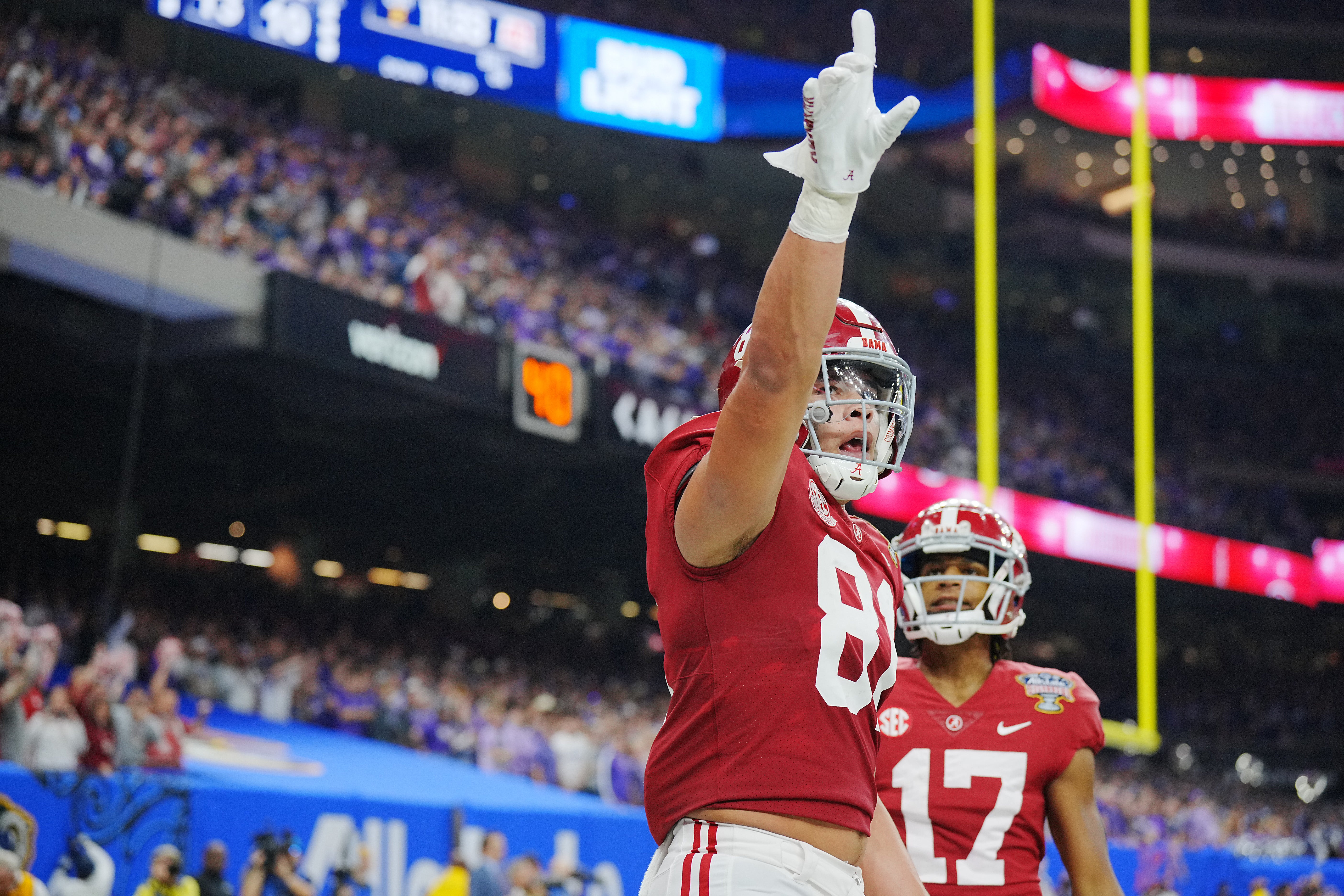 Dec 31, 2022; New Orleans, LA, USA; Alabama Crimson Tide tight end Cameron Latu (81) celebrates his touchdown scored against the Kansas State Wildcats during the first half in the 2022 Sugar Bowl at Caesars Superdome. Mandatory Credit: Andrew Wevers-USA TODAY Sports