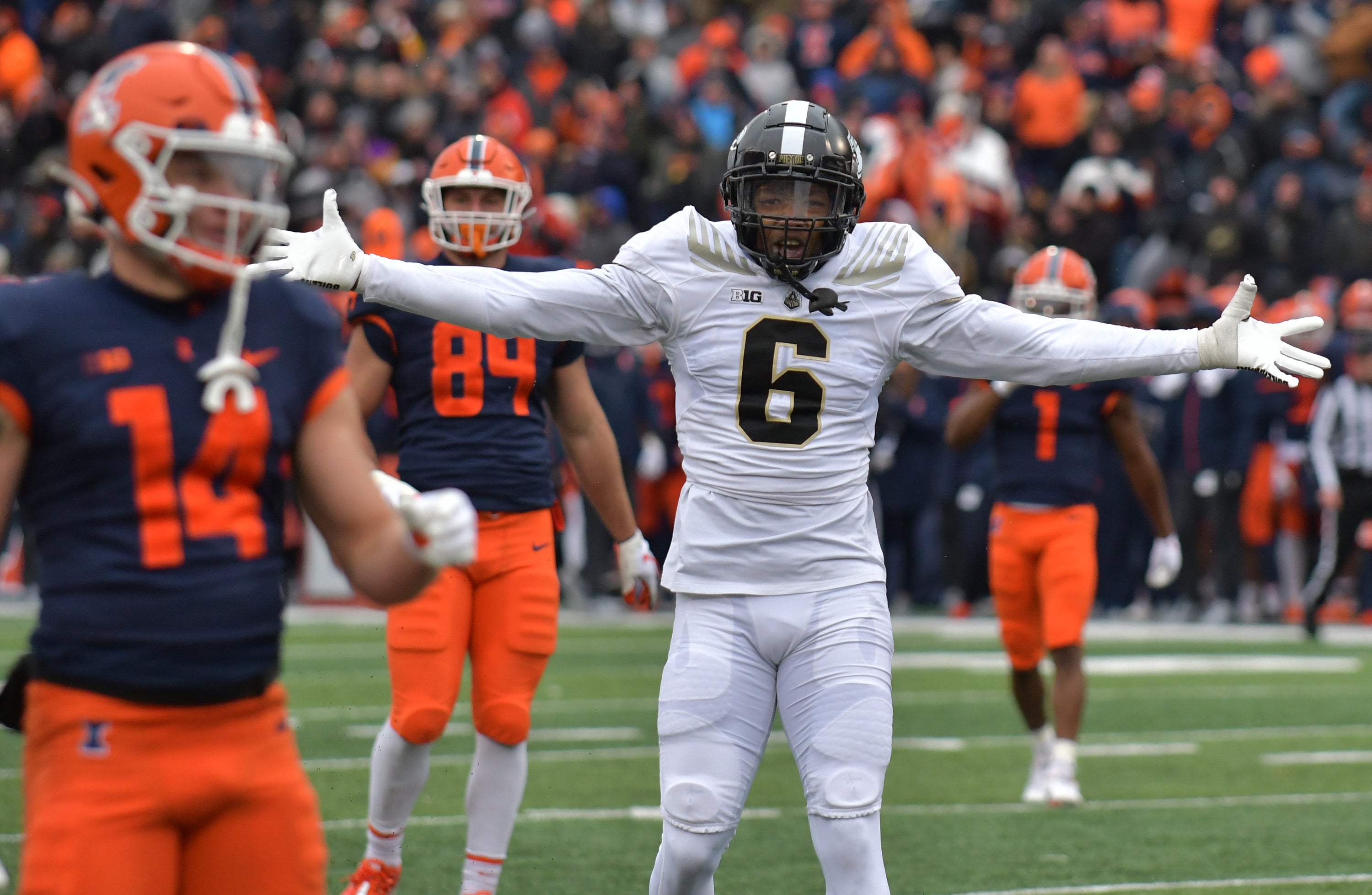 Nov 12, 2022; Champaign, Illinois, USA; Purdue Boilermakers linebacker Jalen Graham (6) reacts after a defensive stop during the second half against the Illinois Fighting Illini at Memorial Stadium. Mandatory Credit: Ron Johnson-USA TODAY Sports