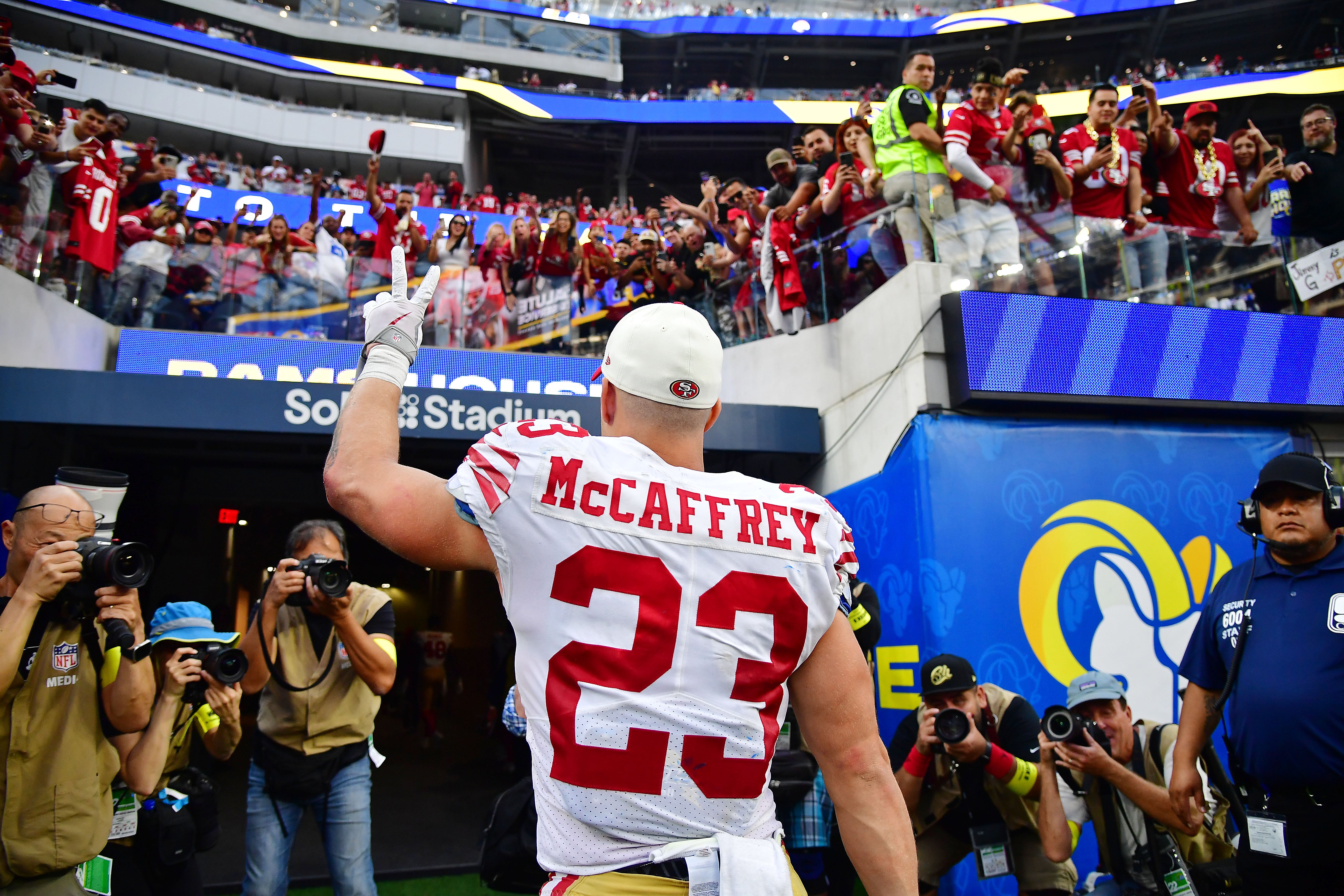 San Francisco 49ers Christian McCaffrey saluting the fanbase at SoFi Stadium
