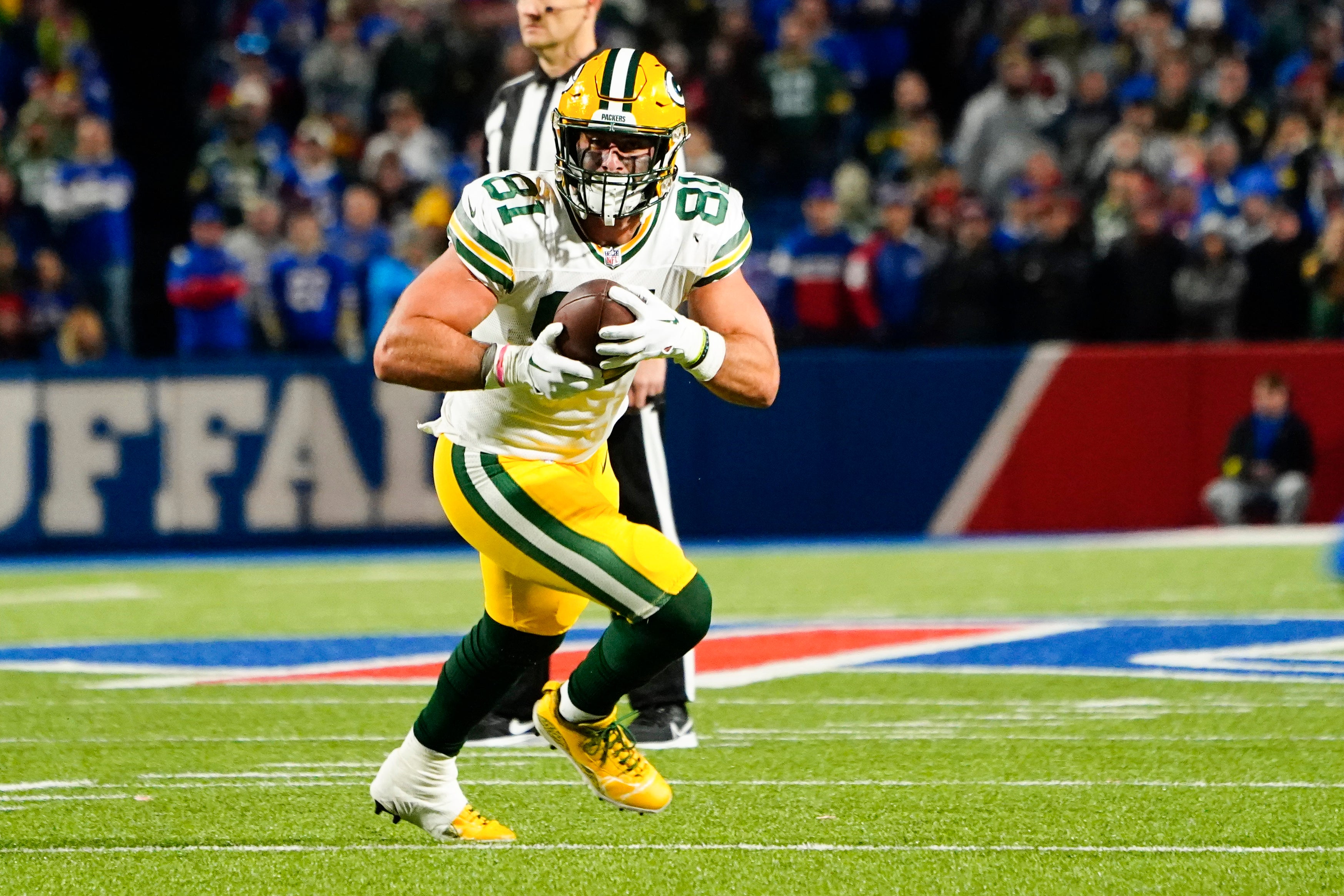 Oct 30, 2022; Orchard Park, New York, USA; Green Bay Packers tight end Josiah Deguara (81) runs with the ball after making a catch against the Buffalo Bills during the second half at Highmark Stadium.
