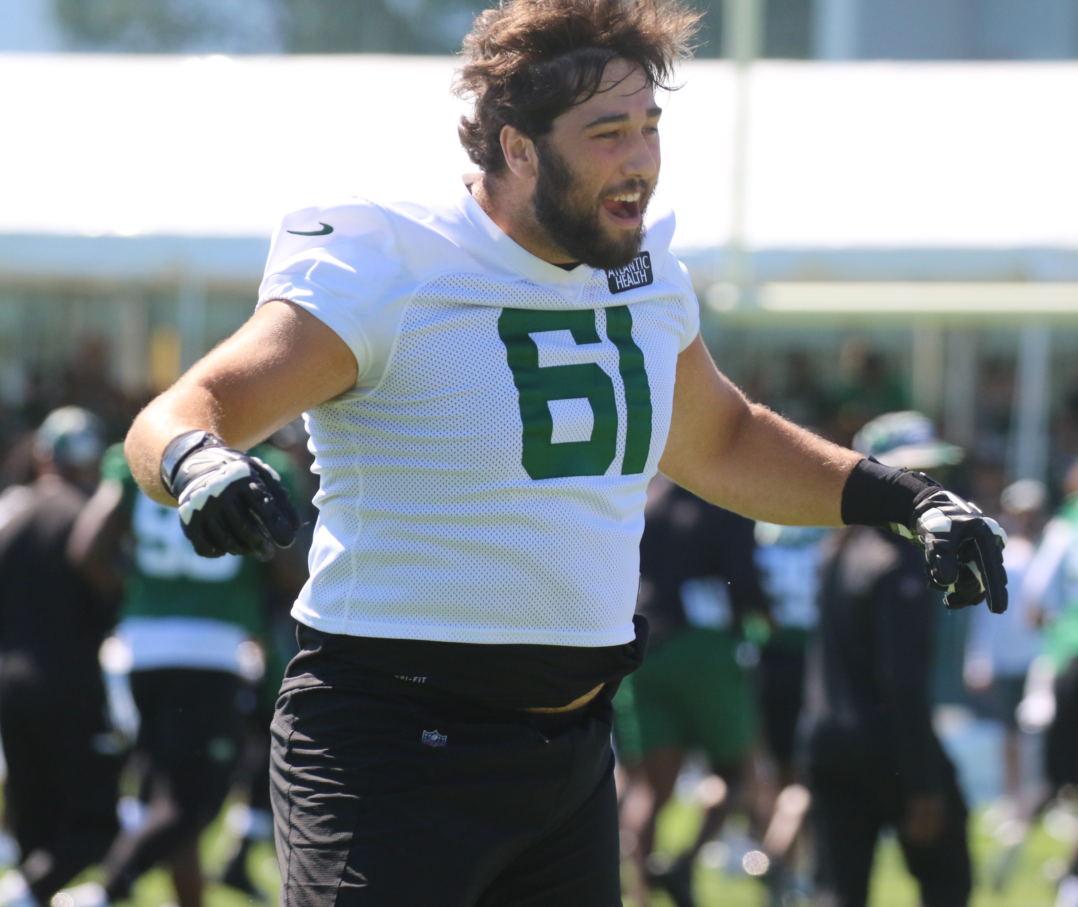 Offensive lineman, Max Mitchell fires up Jet fans as they came to watch their team practice during Jet Fan Fest that took place at the 2022 New York Jets Training Camp in Florham Park, NJ on July 30, 2022