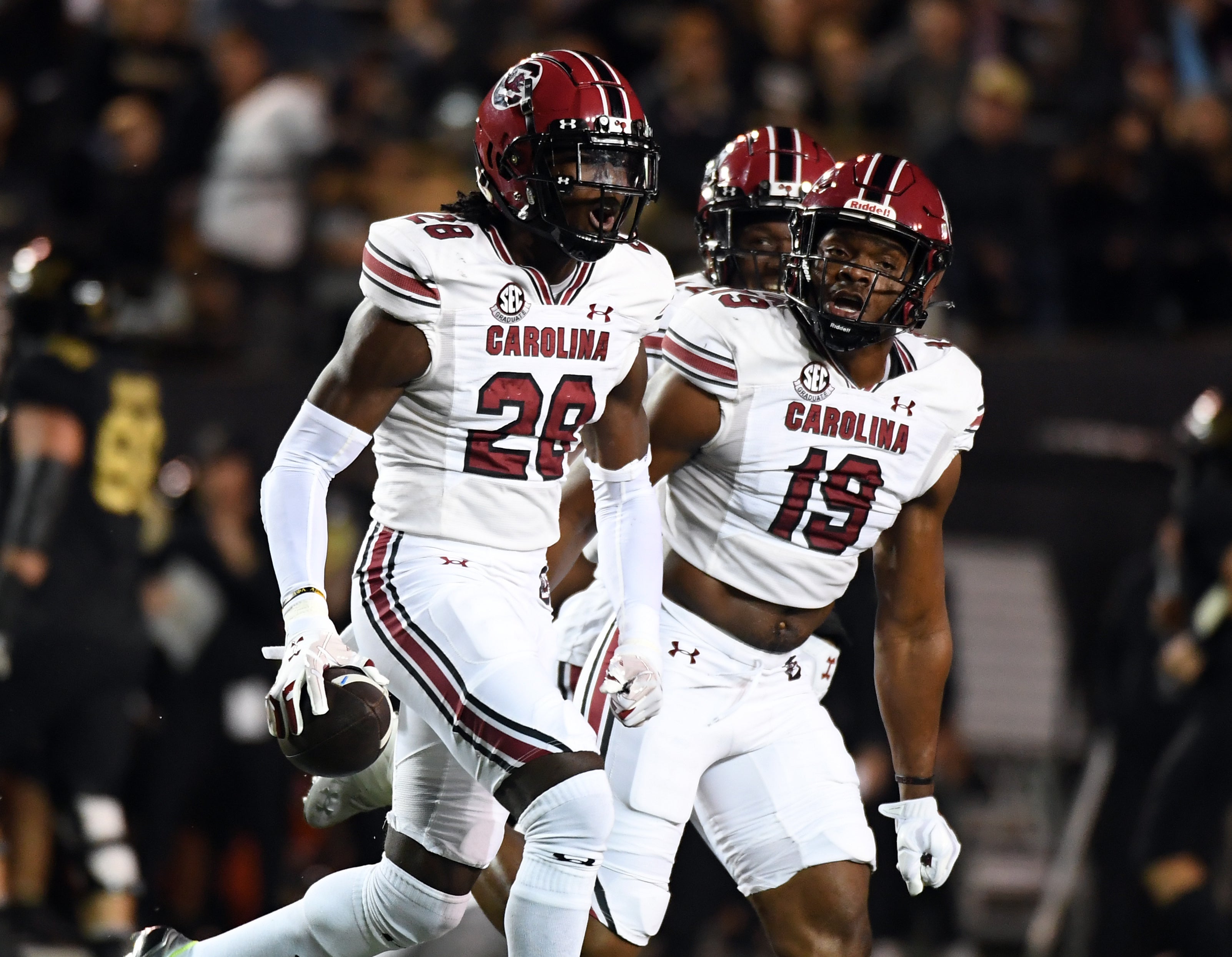 Nov 5, 2022; Nashville, Tennessee, USA; South Carolina Gamecocks defensive back Darius Rush (28) celebrates after intercepting a pass intended for Vanderbilt Commodores wide receiver Will Sheppard (not pictured) during the first half at FirstBank Stadium.