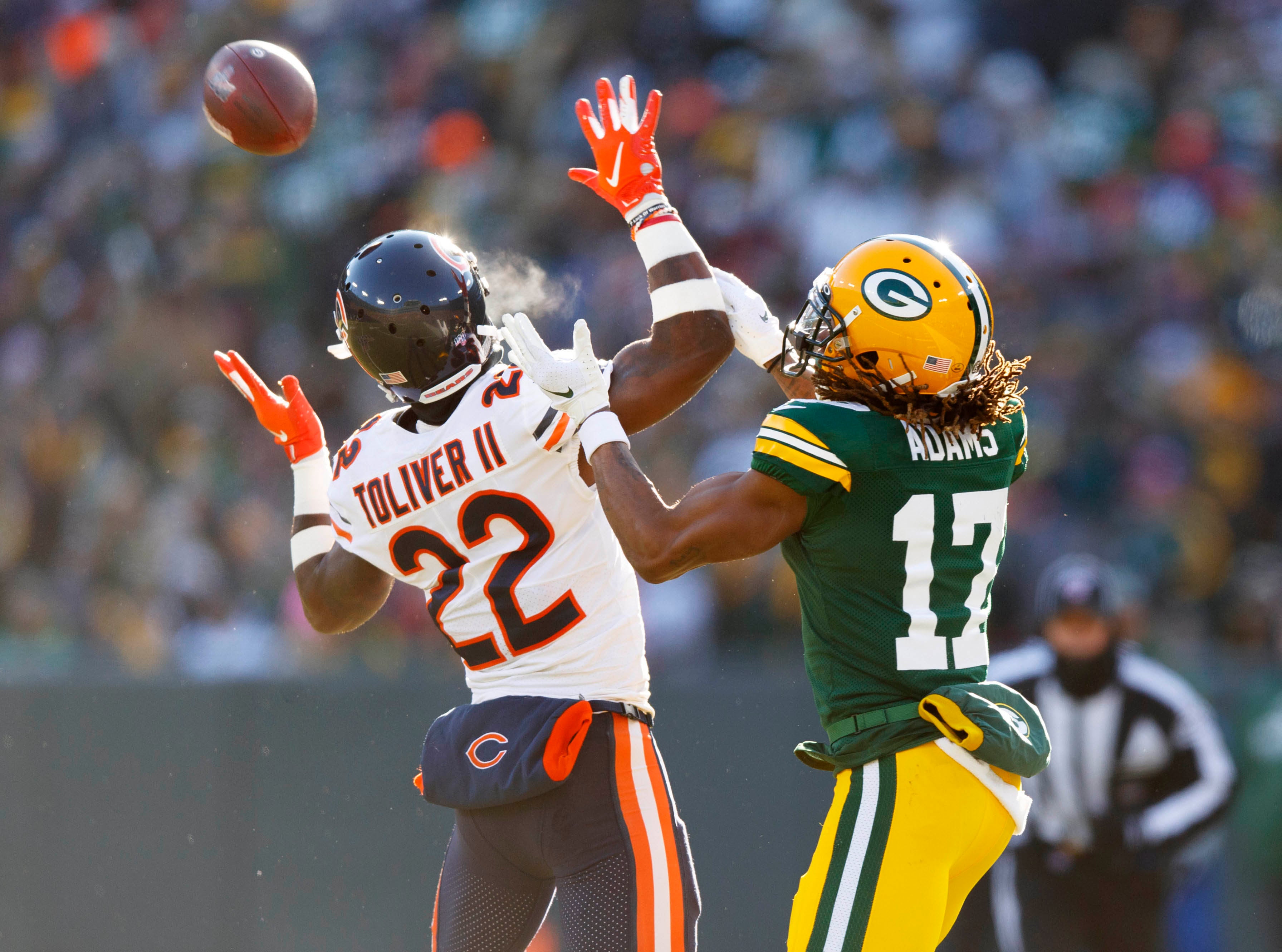Dec 15, 2019; Green Bay, WI, USA; Chicago Bears cornerback Kevin Toliver II (22) breaks up the pass intended for Green Bay Packers wide receiver Davante Adams (17) during the second quarter at Lambeau Field. Mandatory Credit: Jeff Hanisch-USA TODAY Sports