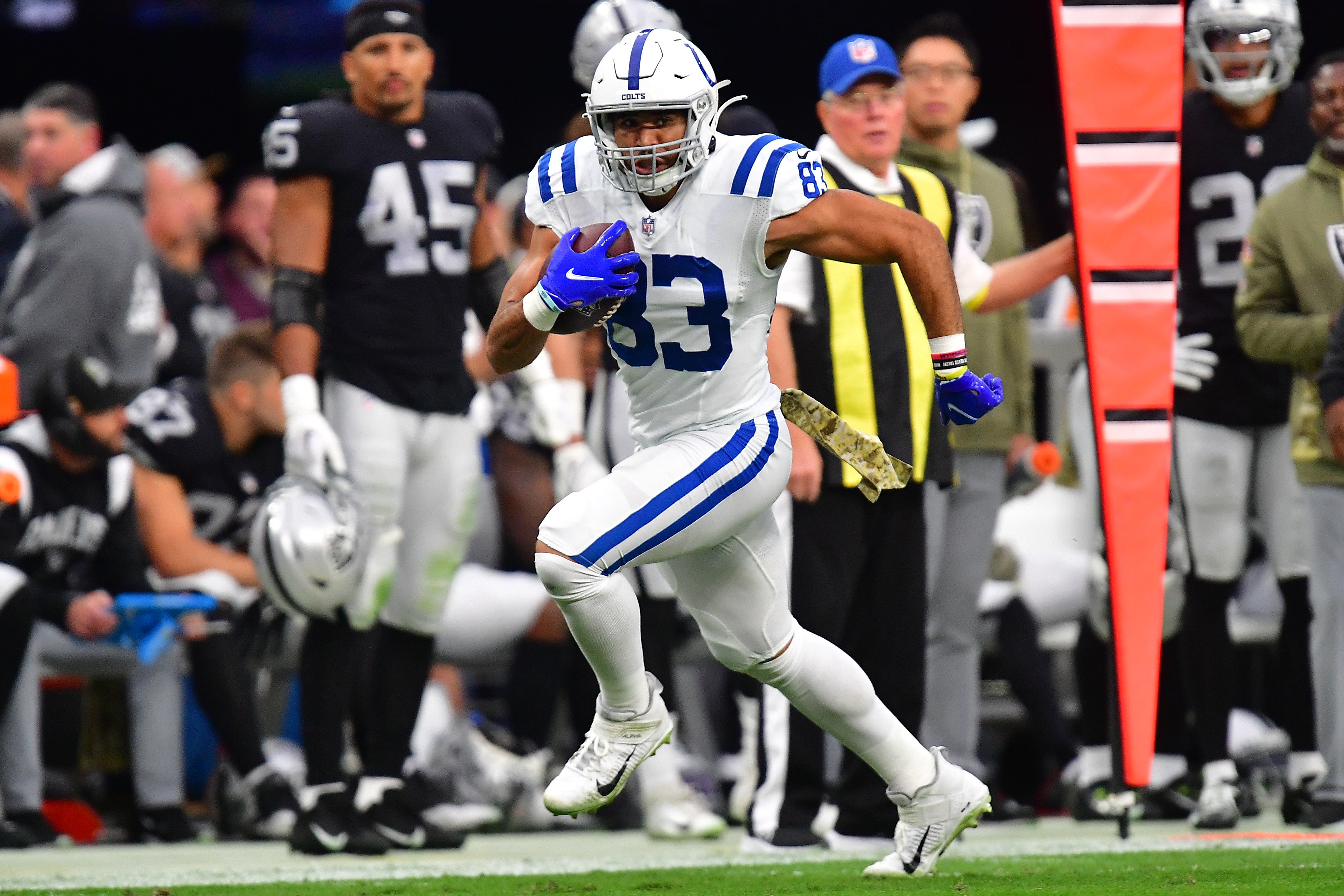 Nov 13, 2022; Paradise, Nevada, USA; Indianapolis Colts tight end Kylen Granson (83) runs the ball against the Las Vegas Raiders during the first half at Allegiant Stadium.