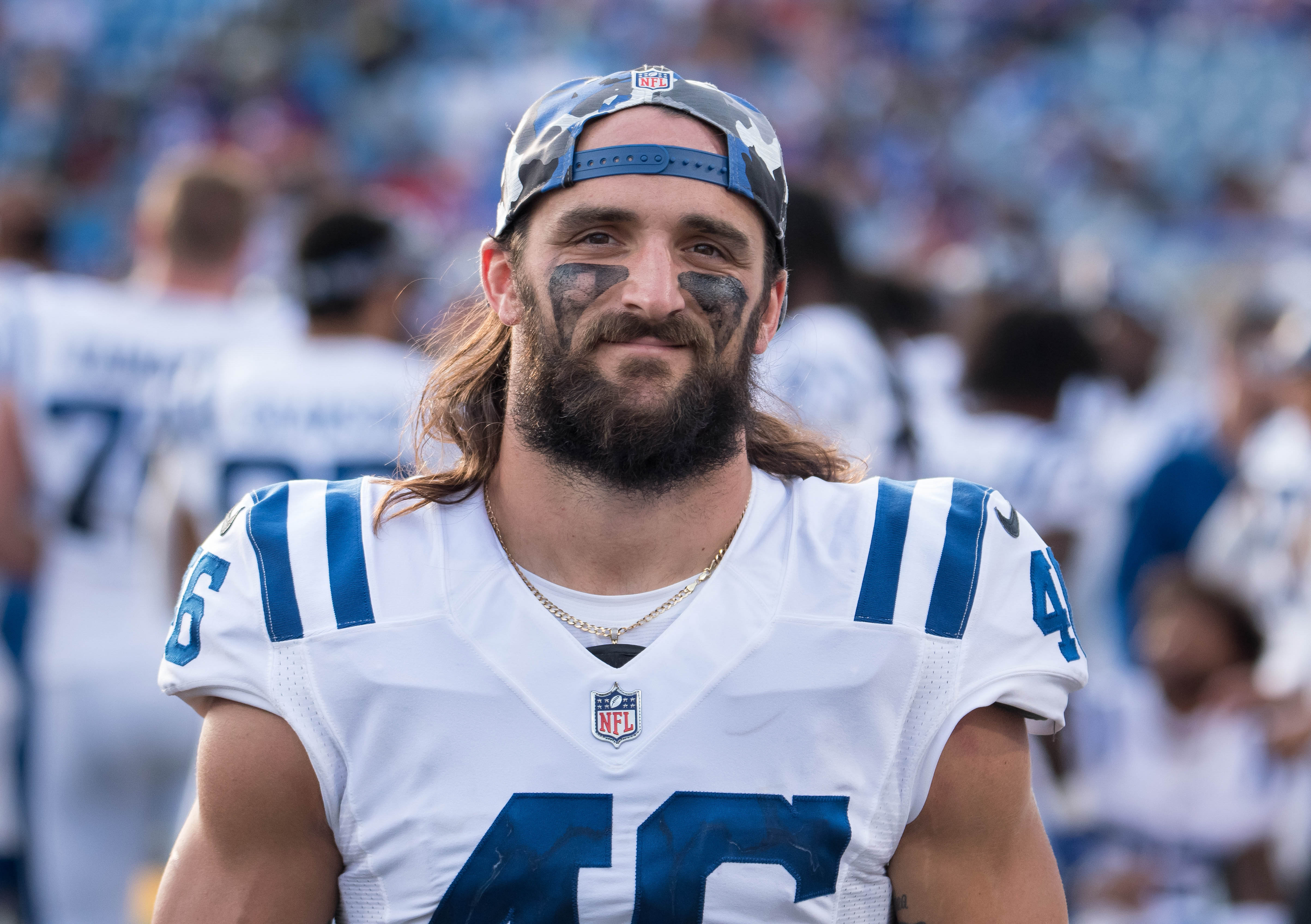 Aug 13, 2022; Orchard Park, New York, USA;Indianapolis Colts long snapper Luke Rhodes (46) on the sidelines in the fourth quarter pre-season game against the Buffalo Bills at Highmark Stadium.