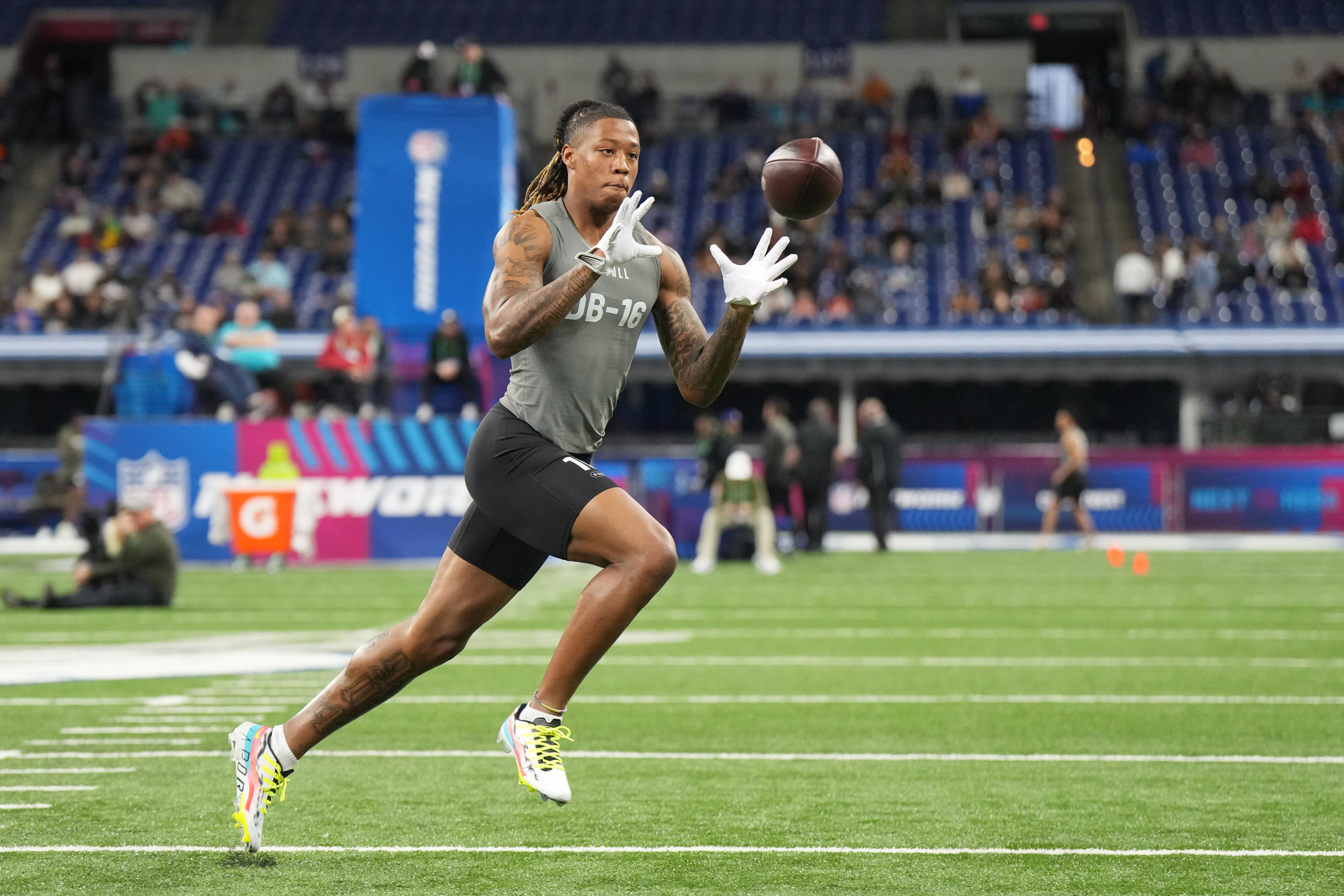 Mar 3, 2023; Indianapolis, IN, USA; Texas A&M defensive back Jaylon Jones (DB16) participates in drills at Lucas Oil Stadium.