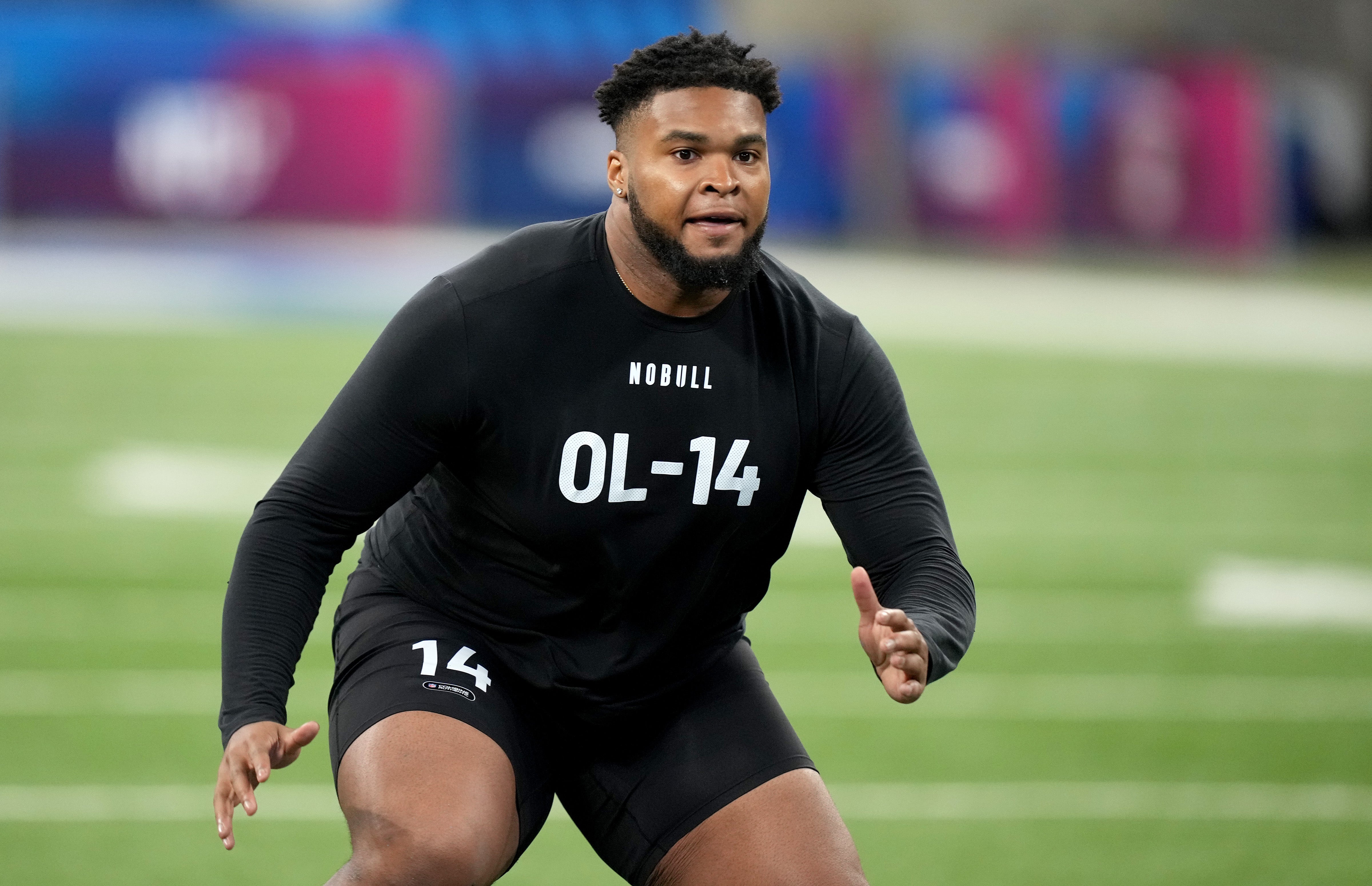 Mar 5, 2023; Indianapolis, IN, USA; Alabama offensive lineman Emil Ekiyor, Jr. (OL14) during the NFL Scouting Combine at Lucas Oil Stadium.