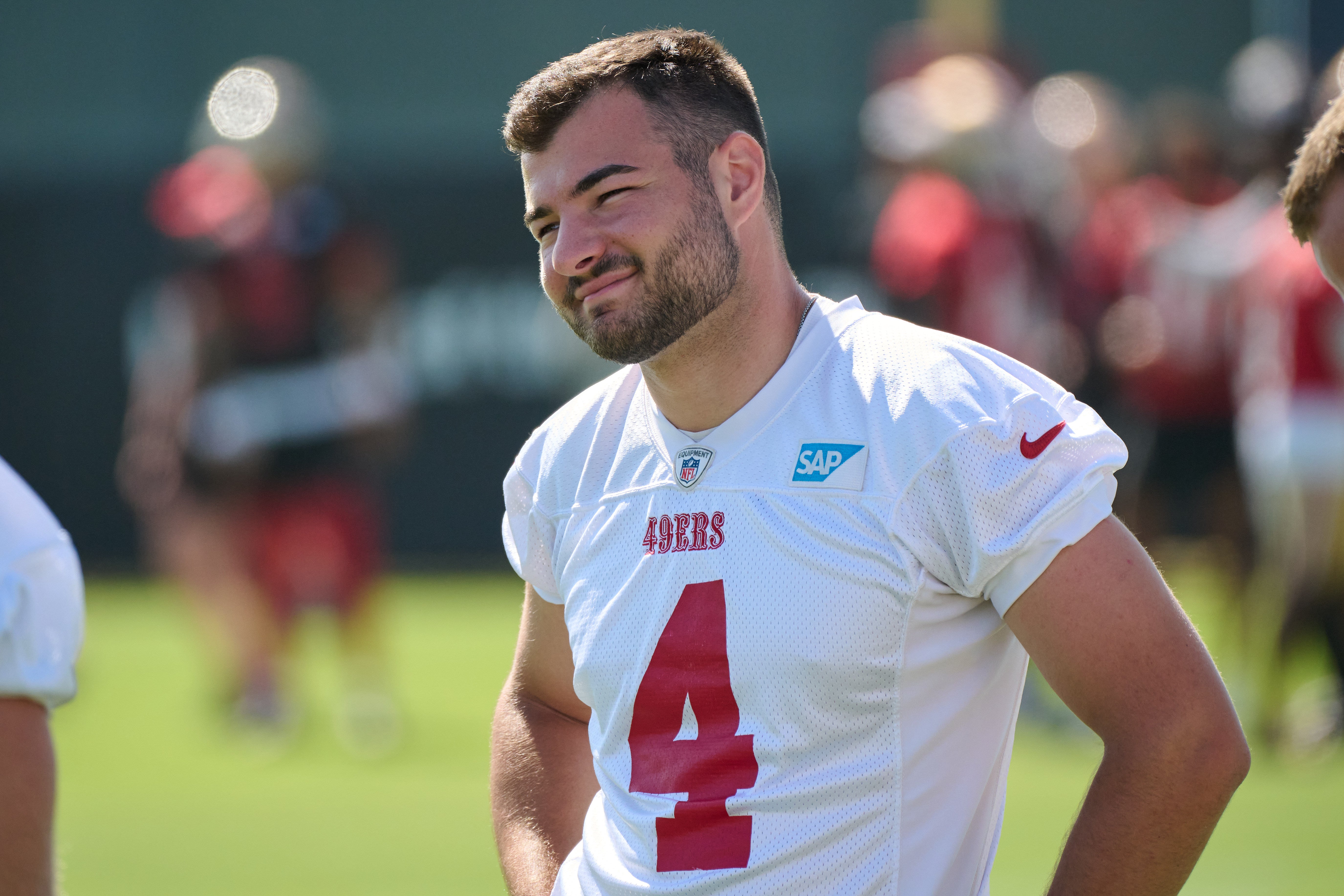Jul 27, 2023; Santa Clara, CA, USA; San Francisco 49ers placekicker Jake Moody (4) stands on the field during training camp at the SAP Performance Facility. Mandatory Credit: Robert Edwards-USA TODAY Sports