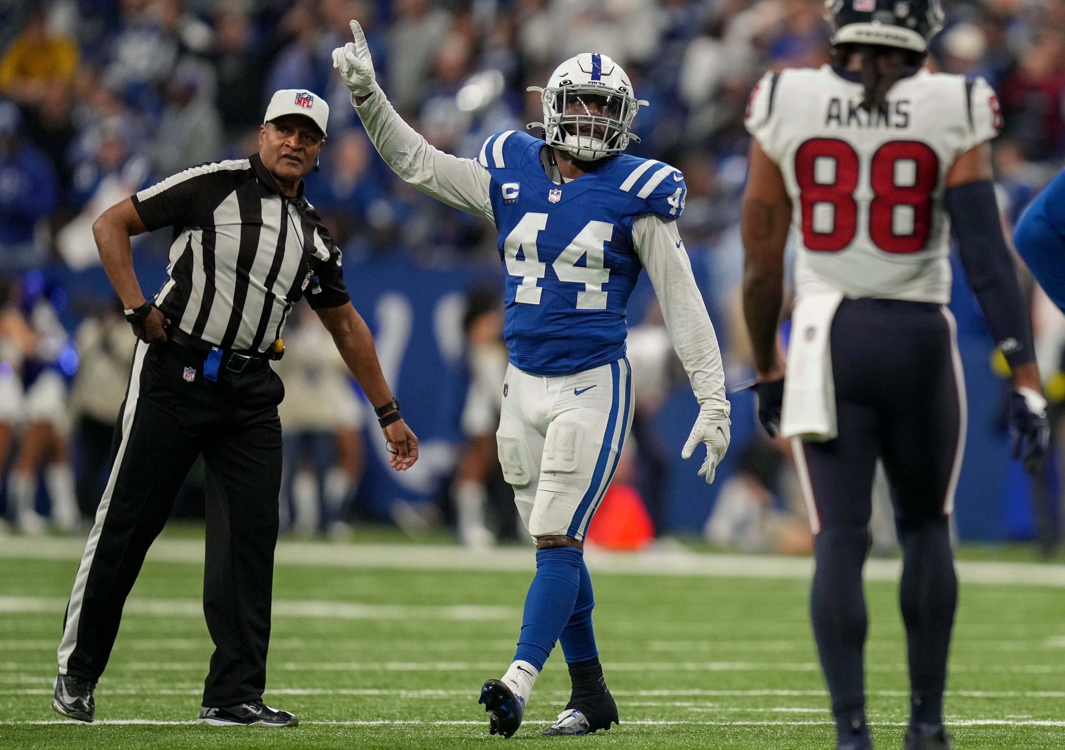 Jan 8, 2023; Indianapolis, Indiana, USA; Indianapolis Colts linebacker Zaire Franklin (44) celebrates a stop Sunday, Jan. 8, 2023, during a game against the Houston Texans at Lucas Oil Stadium.