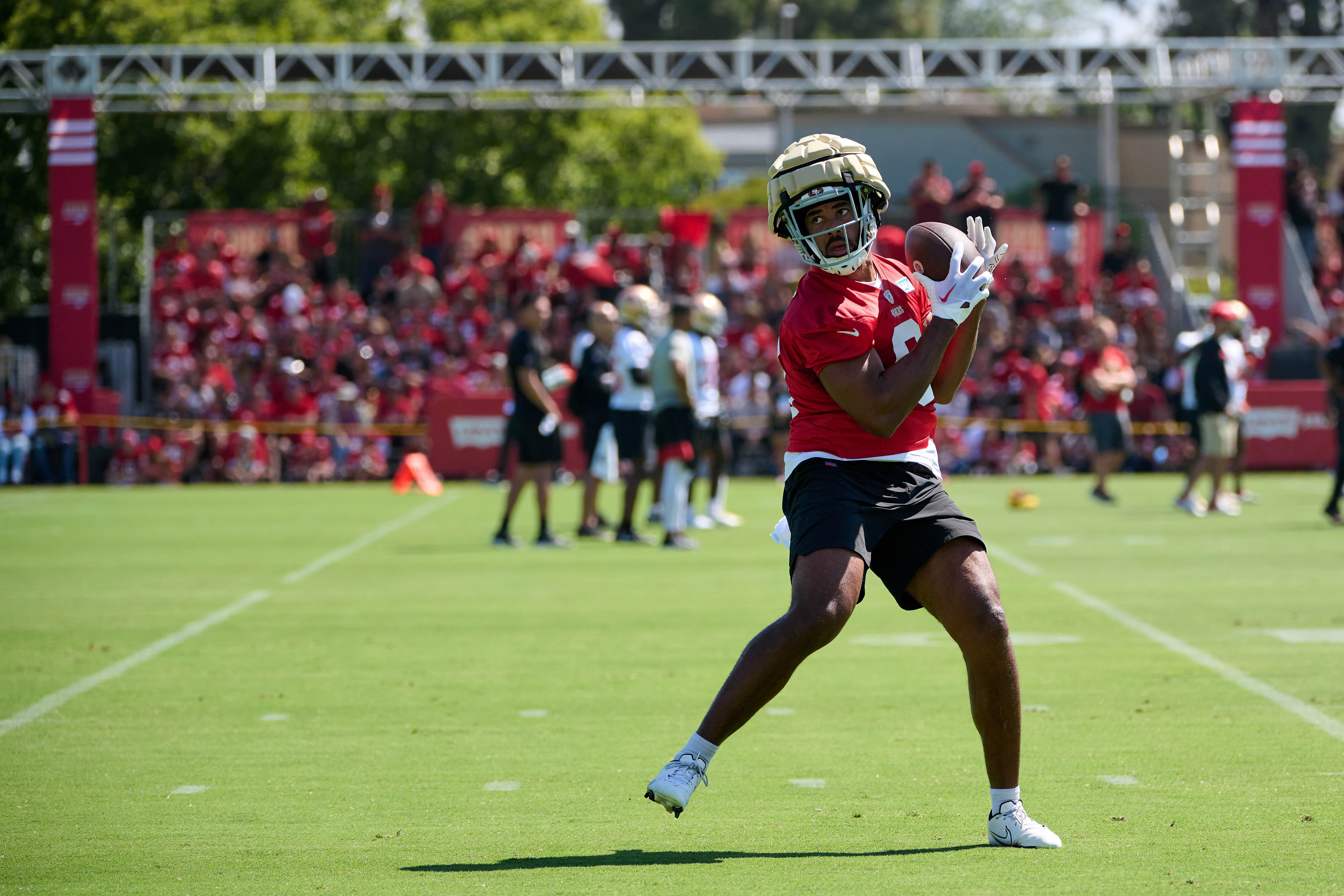 Jul 27, 2023; Santa Clara, CA, USA; San Francisco 49ers tight end Brayden Willis (9) catches a pass during training camp at the SAP Performance Facility. Mandatory Credit: Robert Edwards-USA TODAY Sports