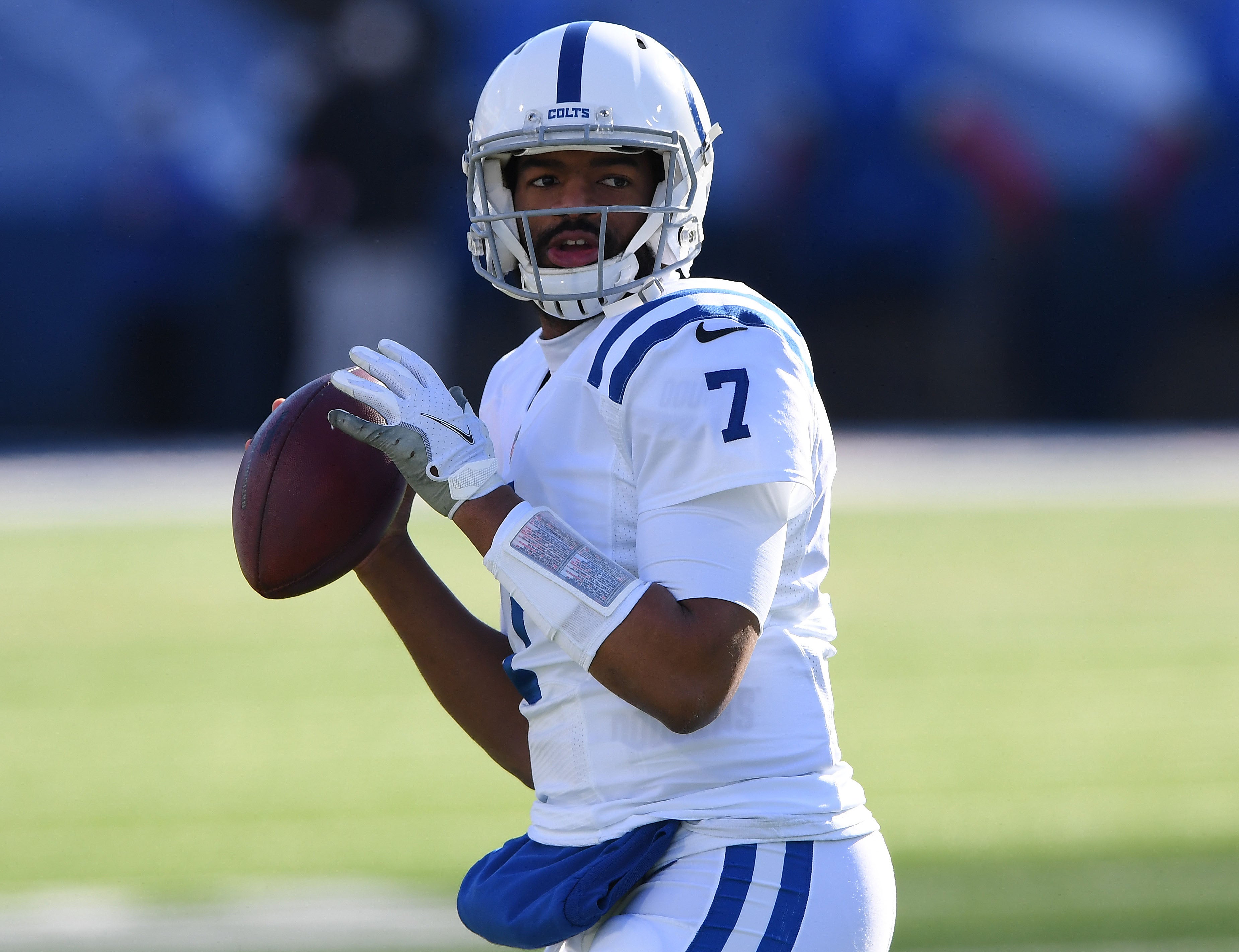 Jan 9, 2021; Orchard Park, New York, USA; Indianapolis Colts quarterback Jacoby Brissett (7) before playing against the Buffalo Bills in the AFC Wild Card game at Bills Stadium.