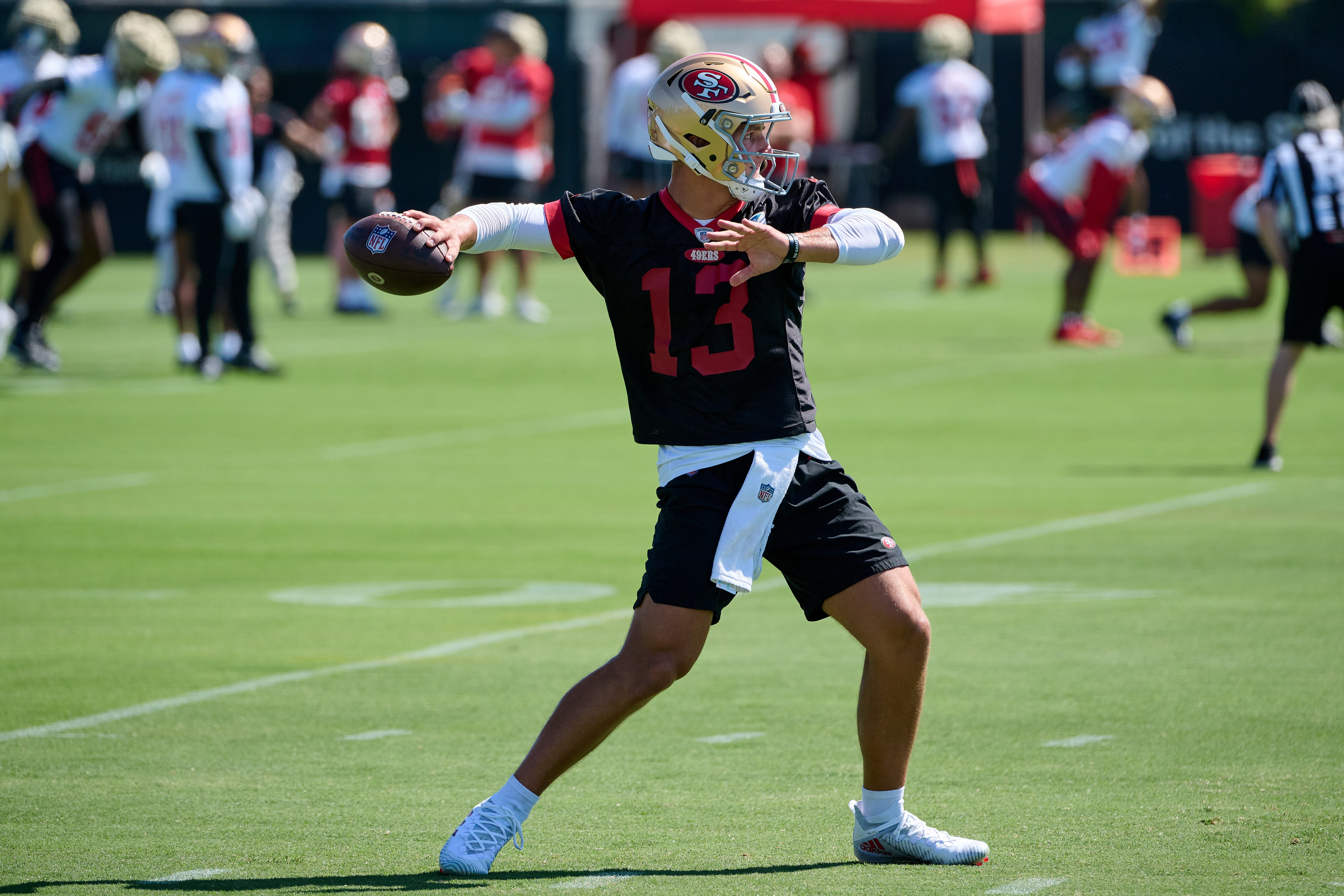 Jul 27, 2023; Santa Clara, CA, USA; San Francisco 49ers quarterback Brock Purdy (13) throws a pass during training camp at the SAP Performance Facility. Mandatory Credit: Robert Edwards-USA TODAY Sports