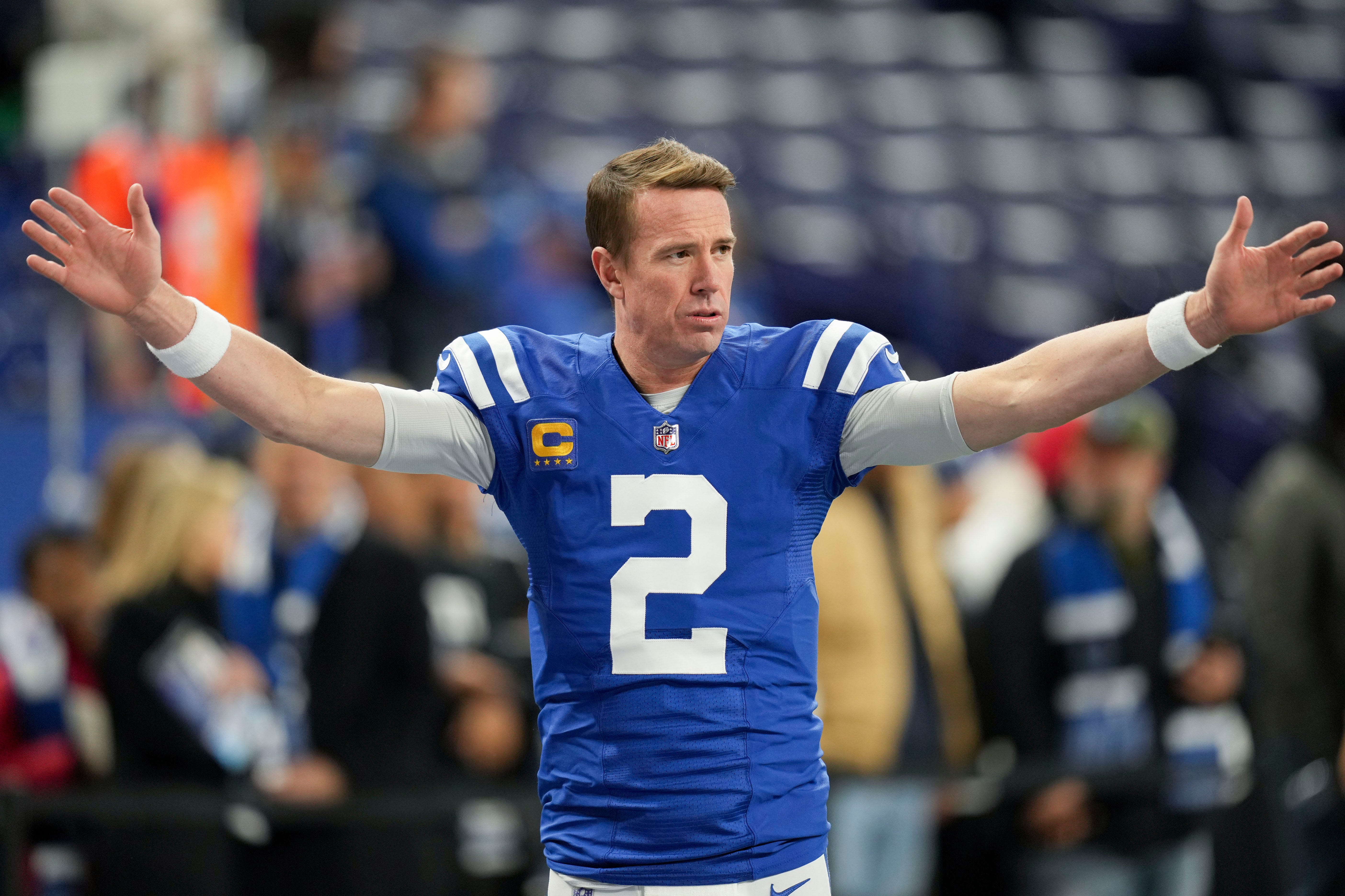 Indianapolis Colts quarterback Matt Ryan (2) warms up Sunday, Jan. 8, 2023, before a game against the Houston Texans at Lucas Oil Stadium in Indianapolis.