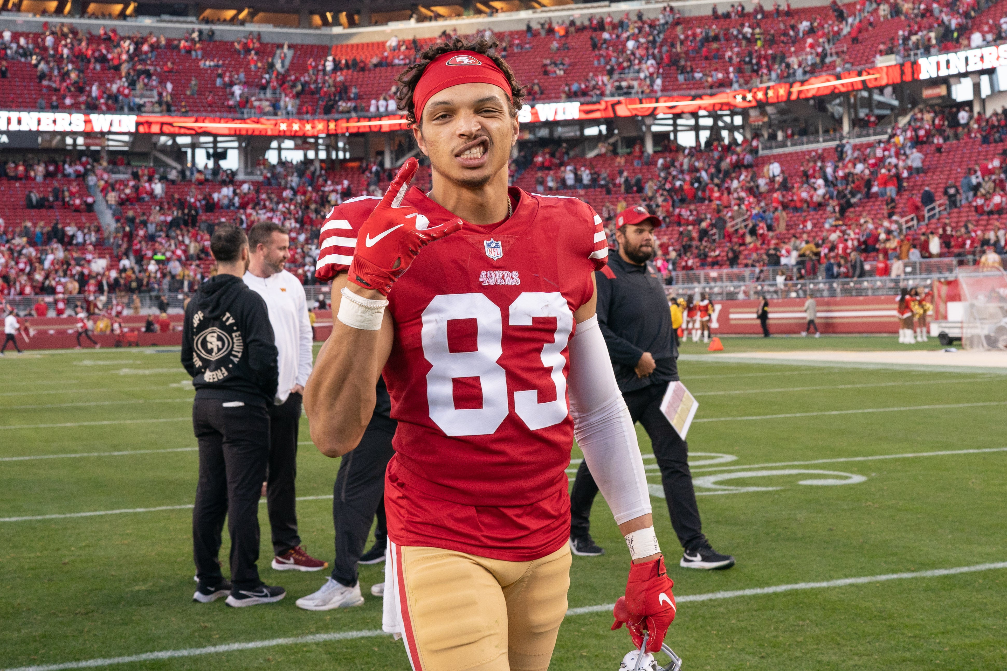 Dec 24, 2022; Santa Clara, California, USA; San Francisco 49ers wide receiver Willie Snead IV (83) reacts after defeating the Washington Commanders at Levi's Stadium. Mandatory Credit: Stan Szeto-USA TODAY Sports