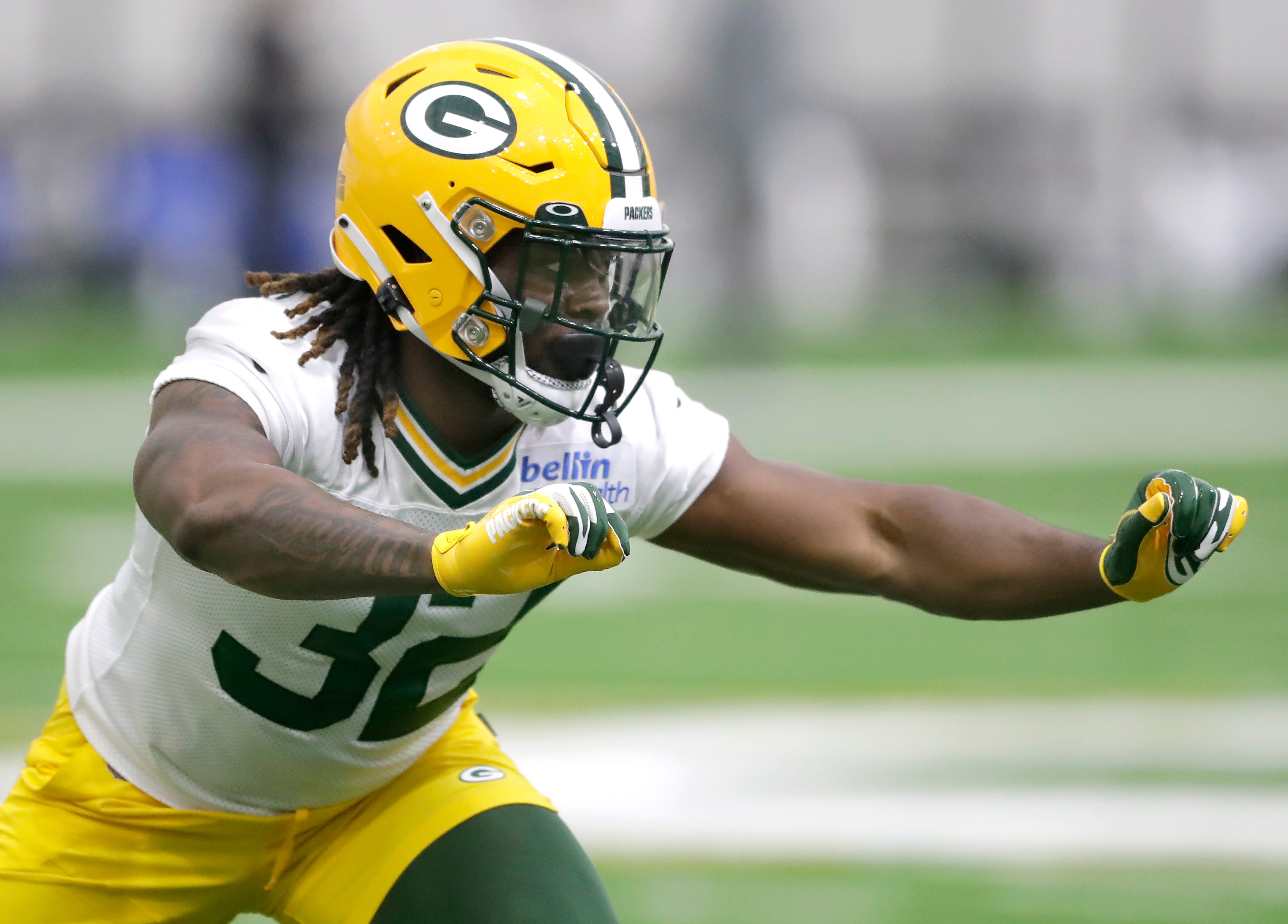 Running back Lew Nichols (32) during the 2023 Green Bay Packers rookie minicamp on Friday, May 5, 2023 at the Don Hutson Center indoor practice facility in Ashwaubenon, Wis.