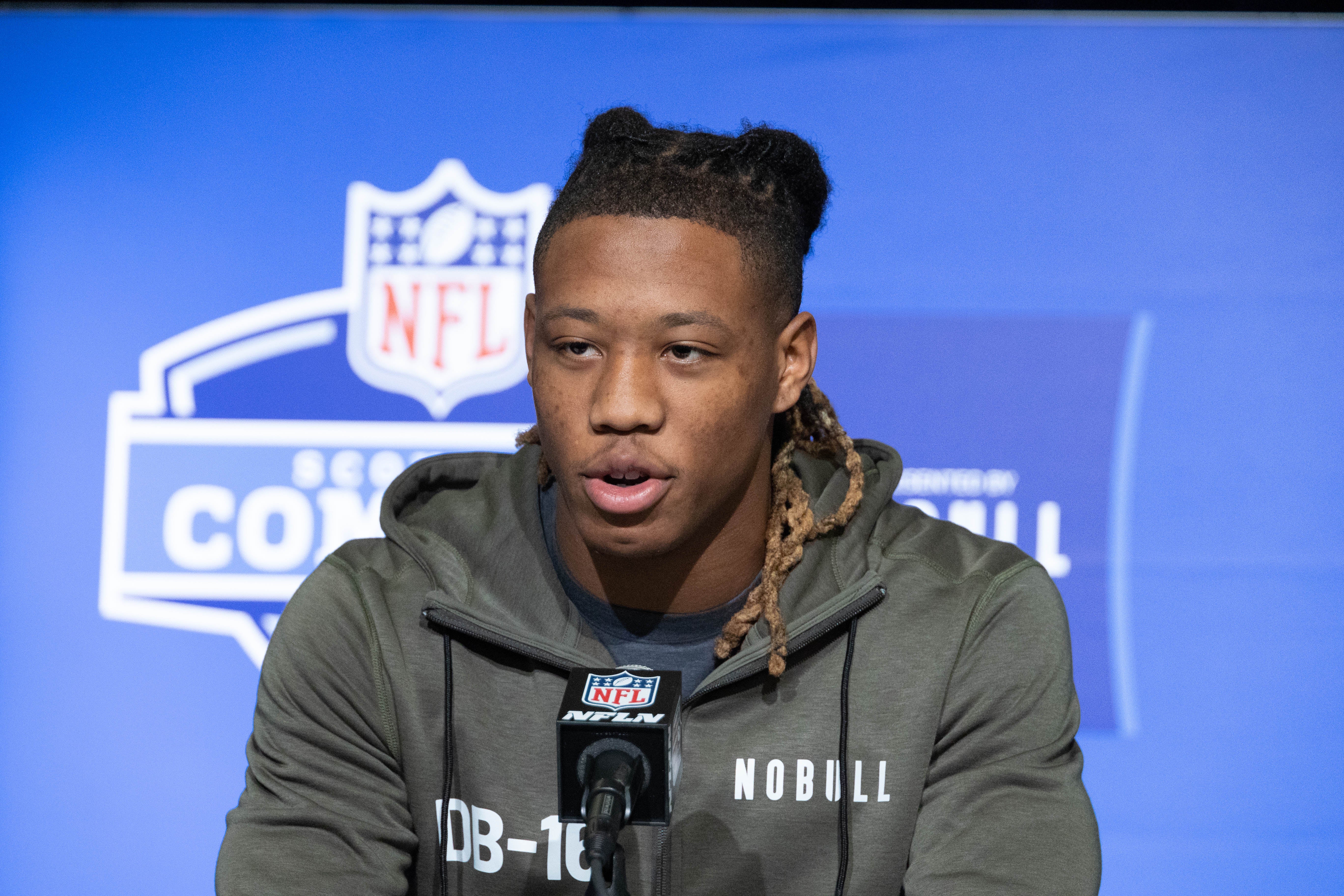 Mar 2, 2023; Indianapolis, IN, USA; Texas A&M defensive back Jaylon Jones (DB16) speaks to the press at the NFL Combine at Lucas Oil Stadium.
