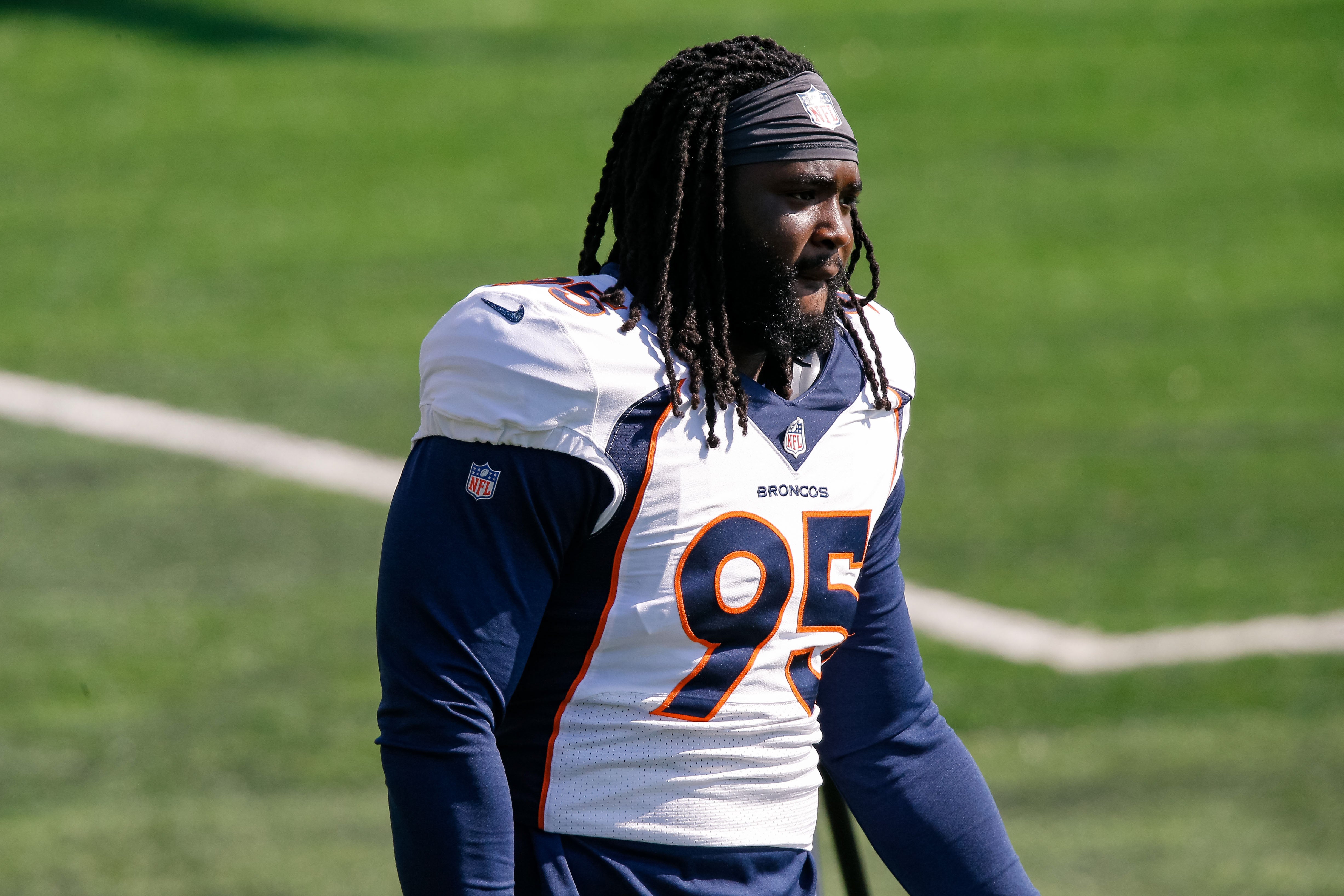 Aug 17, 2020; Englewood, Colorado, USA; Denver Broncos defensive lineman McTelvin Agim (95) during training camp at the UCHealth Training Center.