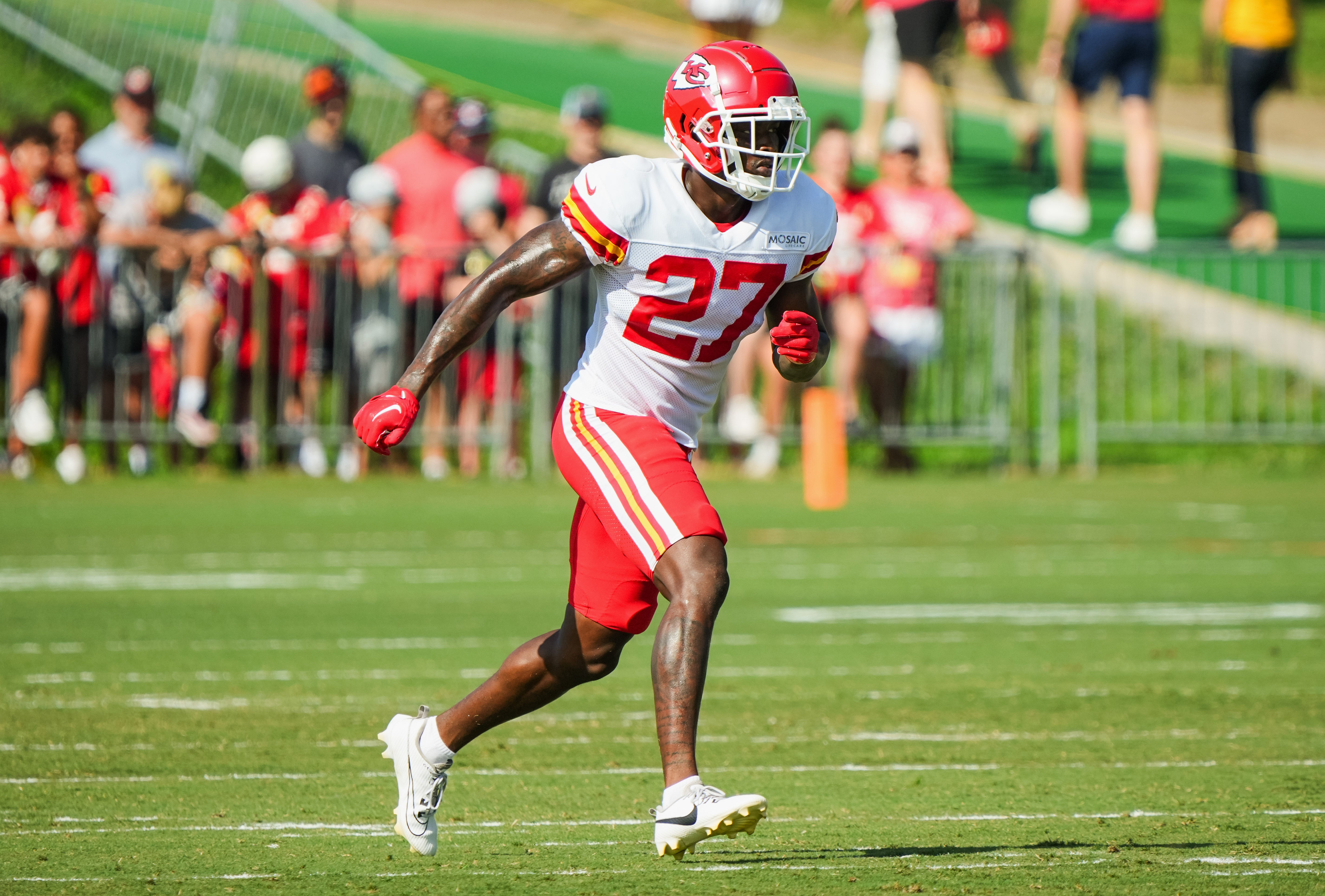 Jul 28, 2023; St. Joseph, MO, USA; Kansas City Chiefs safety Chamarri Conner (27) during training camp at Missouri Western State University. Mandatory Credit: Jay Biggerstaff-USA TODAY Sports  