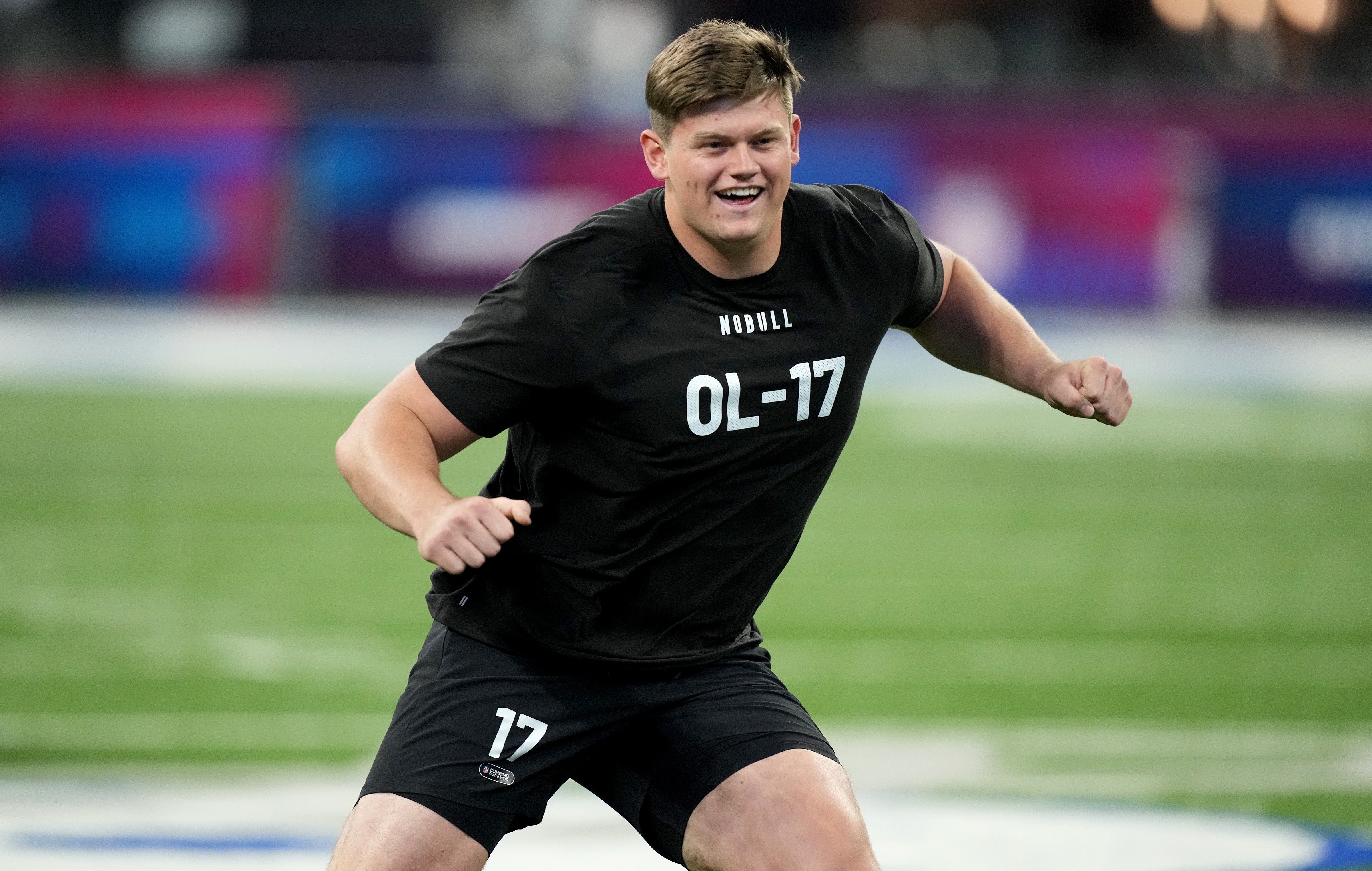 Mar 5, 2023; Indianapolis, IN, USA; Brigham Young offensive lineman Blake Freeland (OL17) during the NFL Scouting Combine at Lucas Oil Stadium.