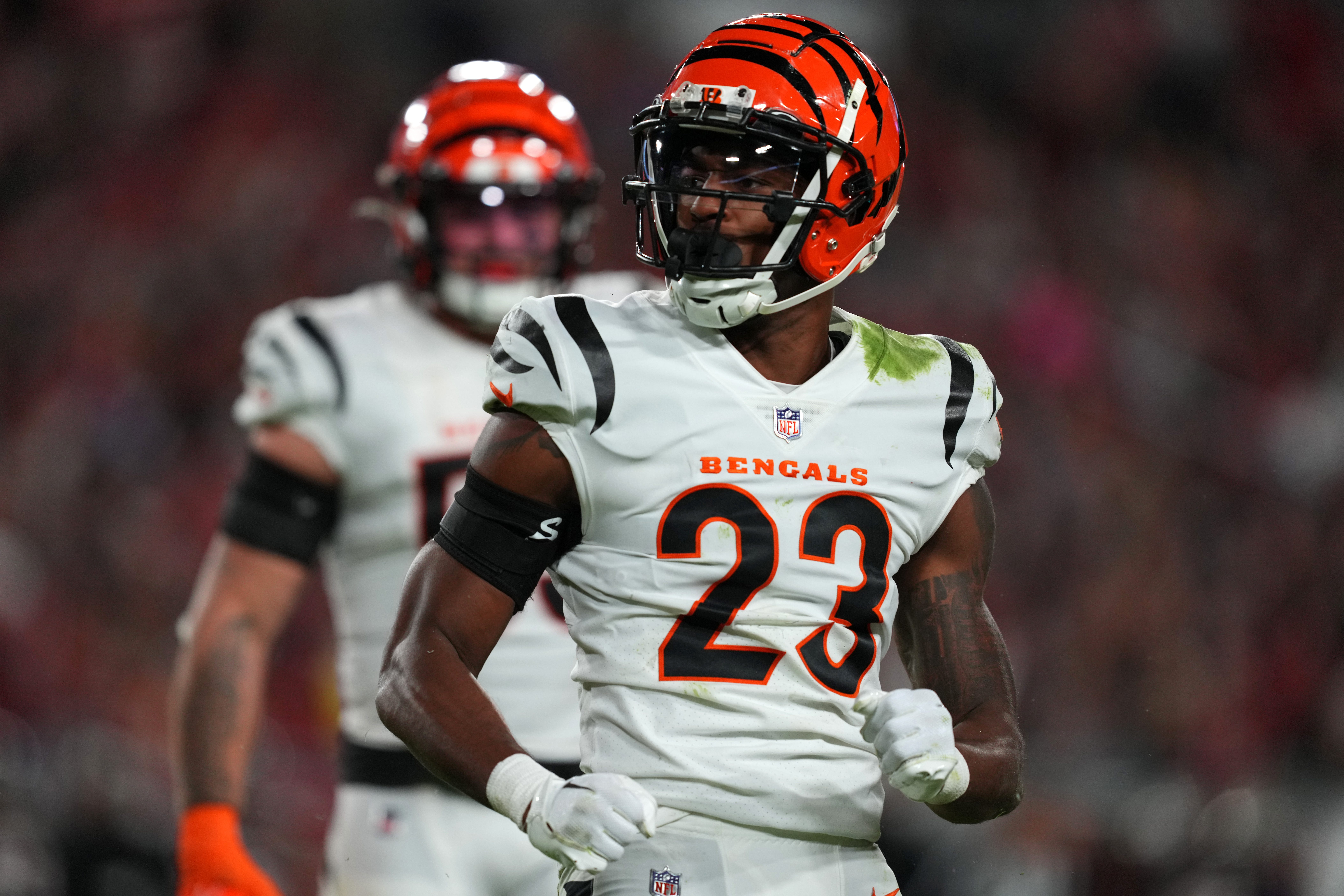 Cincinnati Bengals safety Dax Hill (23) reacts to a tackle for loss in the third quarter during a Week 15 NFL game against the Tampa Bay Buccaneers, Kareem Elgazzar/The Enquirer / USA TODAY NETWORK
