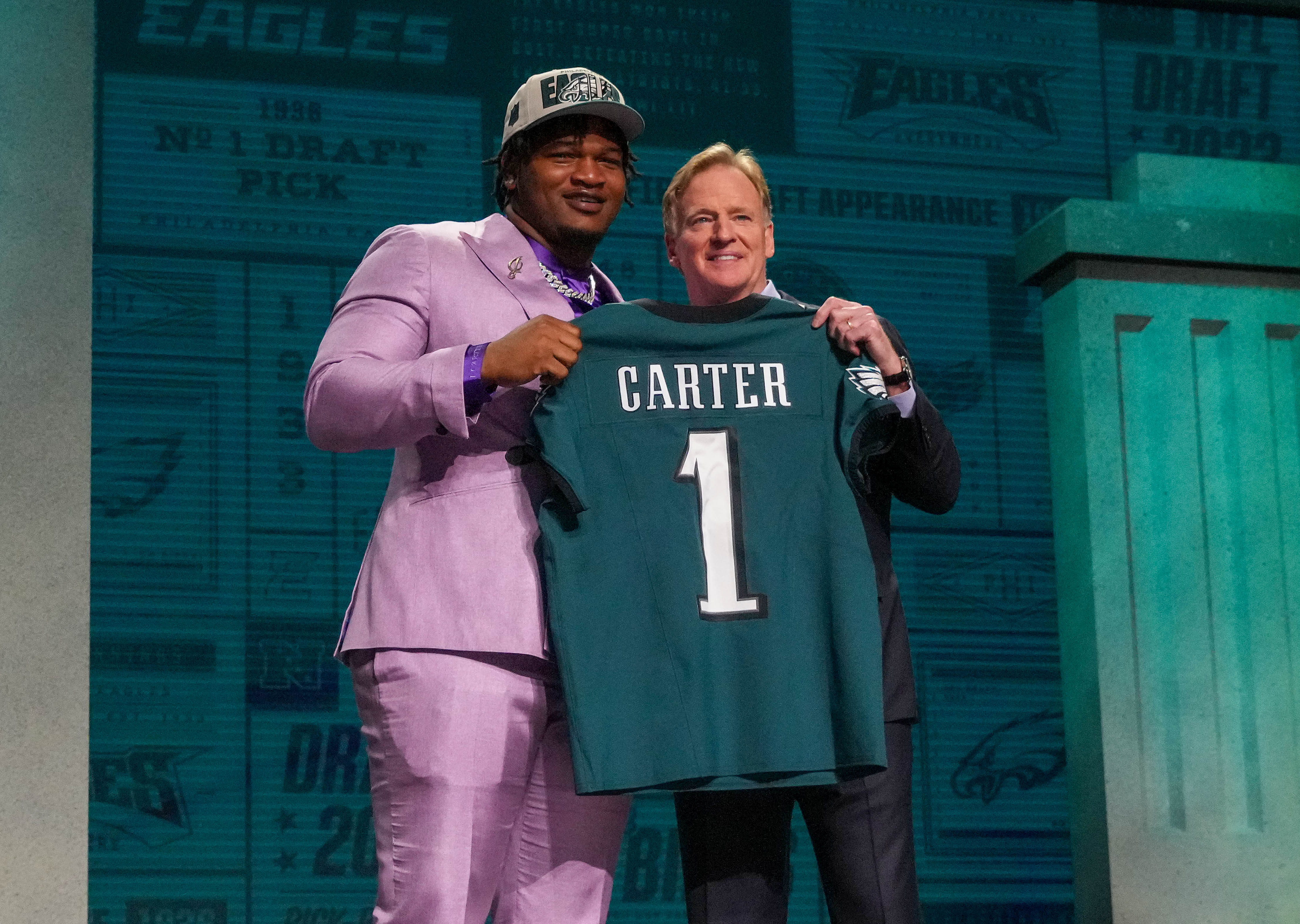 Georgia defensive lineman Jalen Carter with NFL commissioner Roger Goodell after being selected by the Philadelphia Eagles ninth overall in the first round of the 2023 NFL Draft, Kirby Lee-USA TODAY Sports