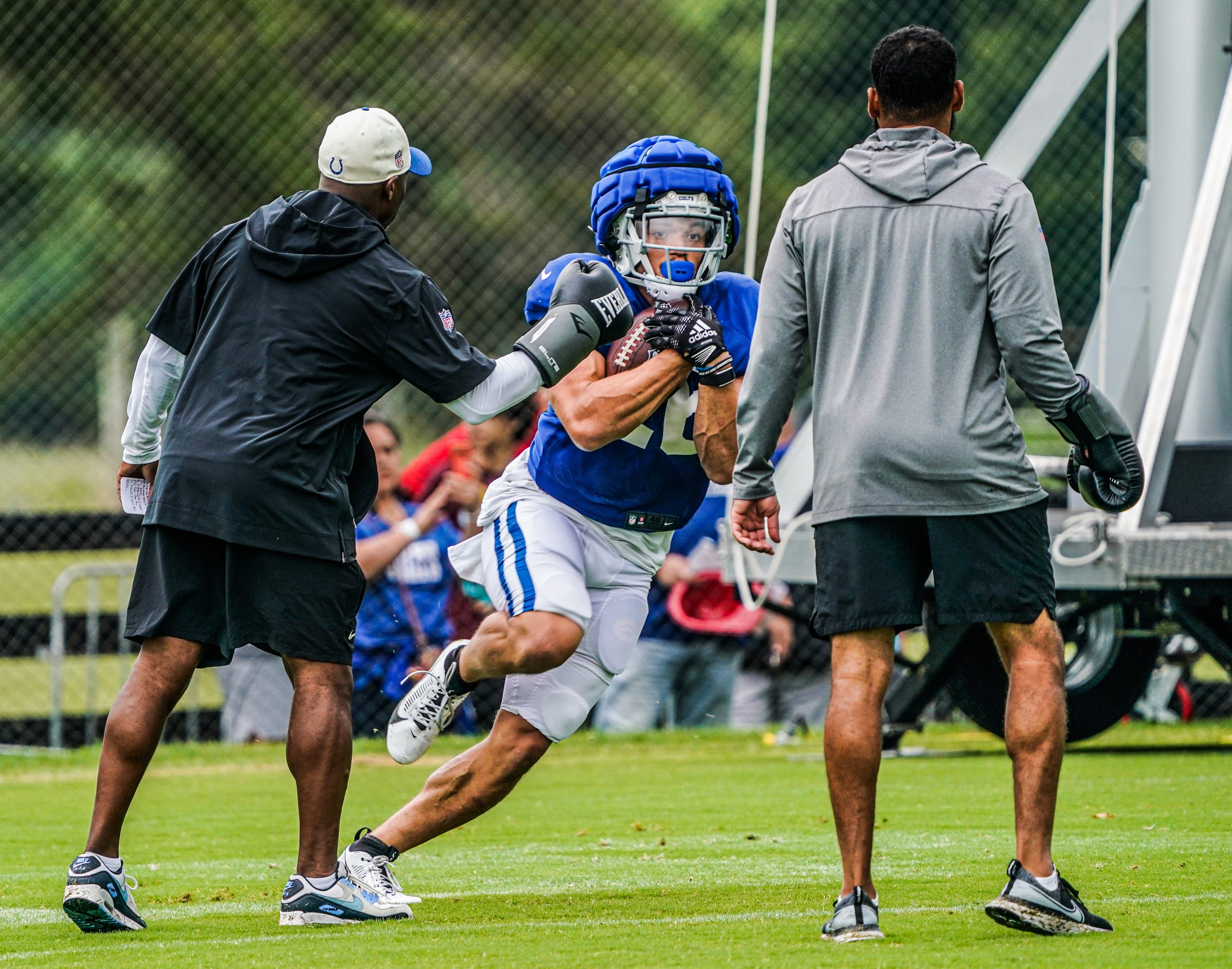 The Indianapolis Colts Evan Hull (26) runs drills at the Indianapolis Colts Training Camp, held at Grand Park on Sunday, Aug. 8, 2023, in Westfield Ind.
