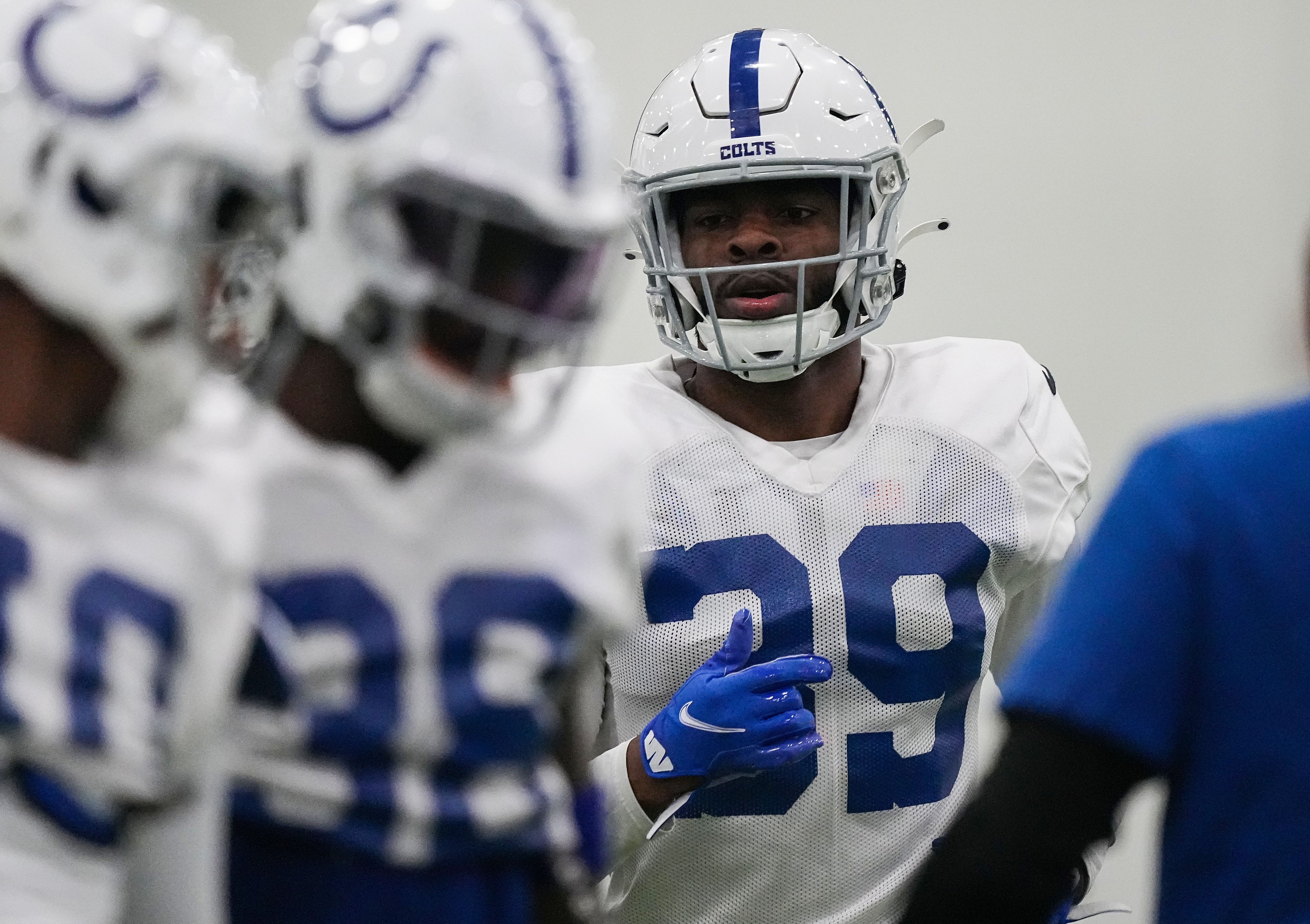 Indianapolis Colts cornerback Darrell Baker Jr. (39) jogs across the field Saturday, Aug. 5, 2023, during training camp at Grand Park Sports Campus in Westfield.