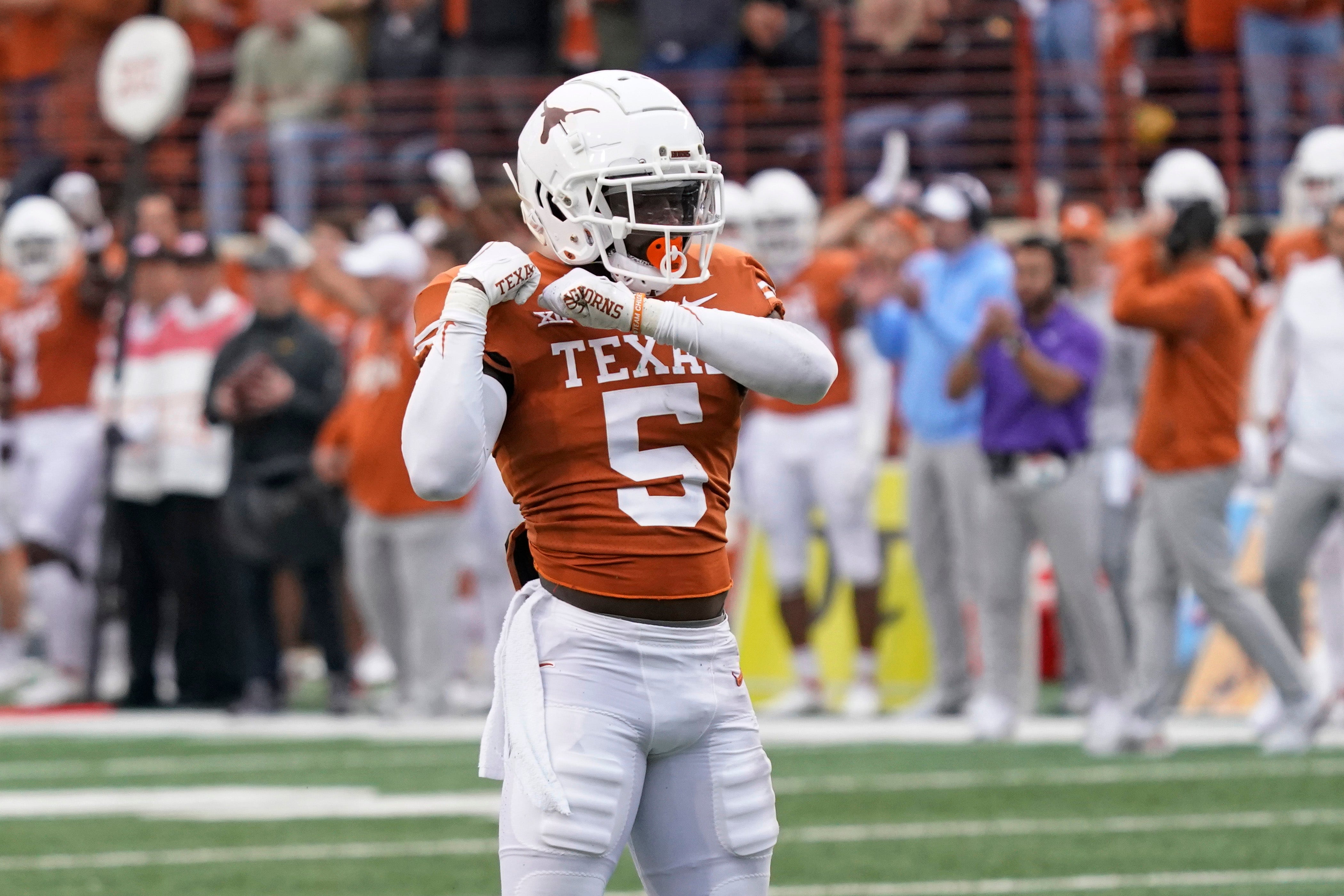 Nov 25, 2022; Austin, Texas, USA; Texas Longhorns defensive back D'Shawn Jamison (5) reacts after breaking up a pass against the Baylor Bears during the second half at Darrell K Royal-Texas Memorial Stadium. Mandatory Credit: Scott Wachter-USA TODAY Sports