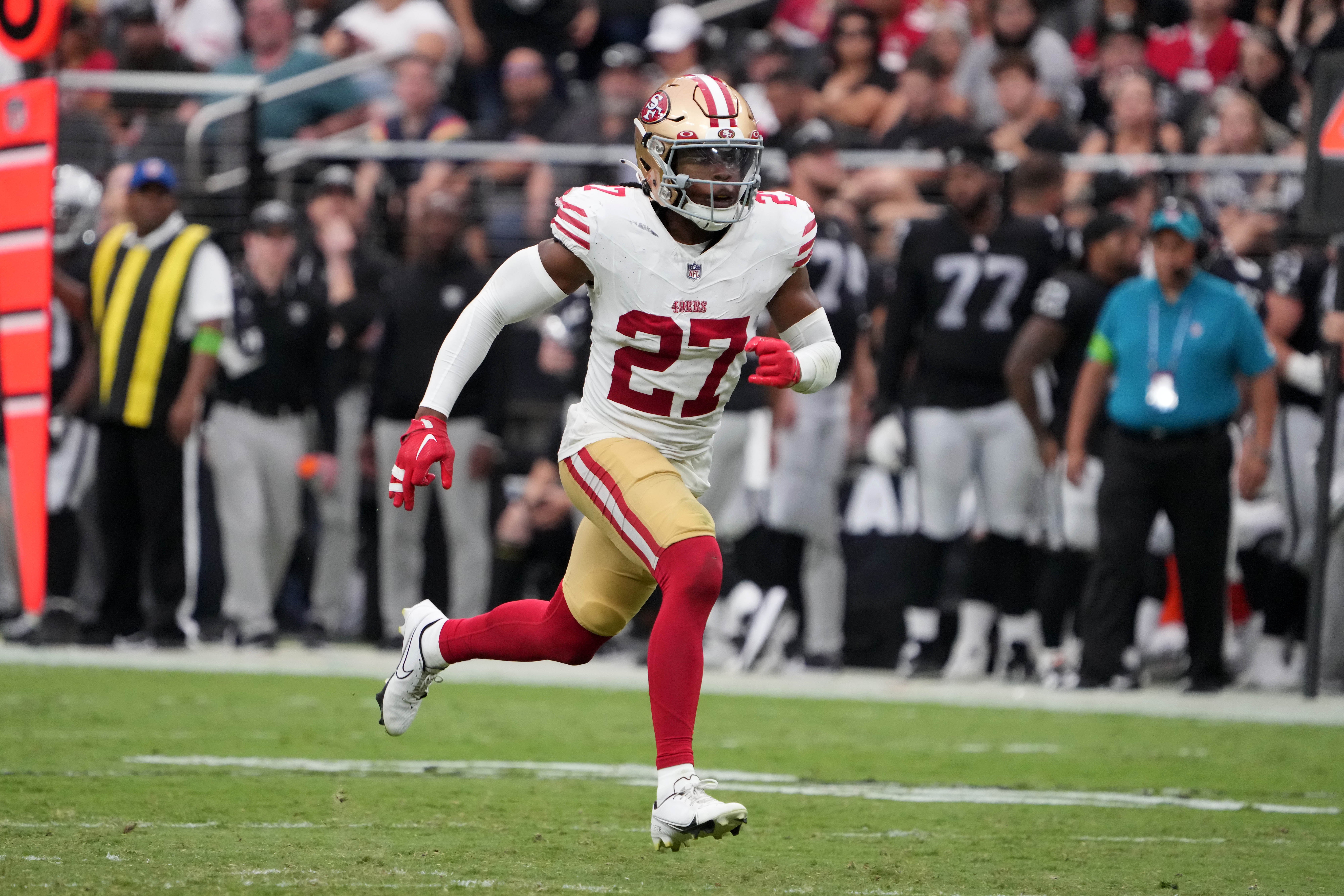 Aug 13, 2023; Paradise, Nevada, USA; San Francisco 49ers safety Ji'Ayir Brown (27) runs against the Las Vegas Raiders in the second half at Allegiant Stadium. Mandatory Credit: Kirby Lee-USA TODAY Sports