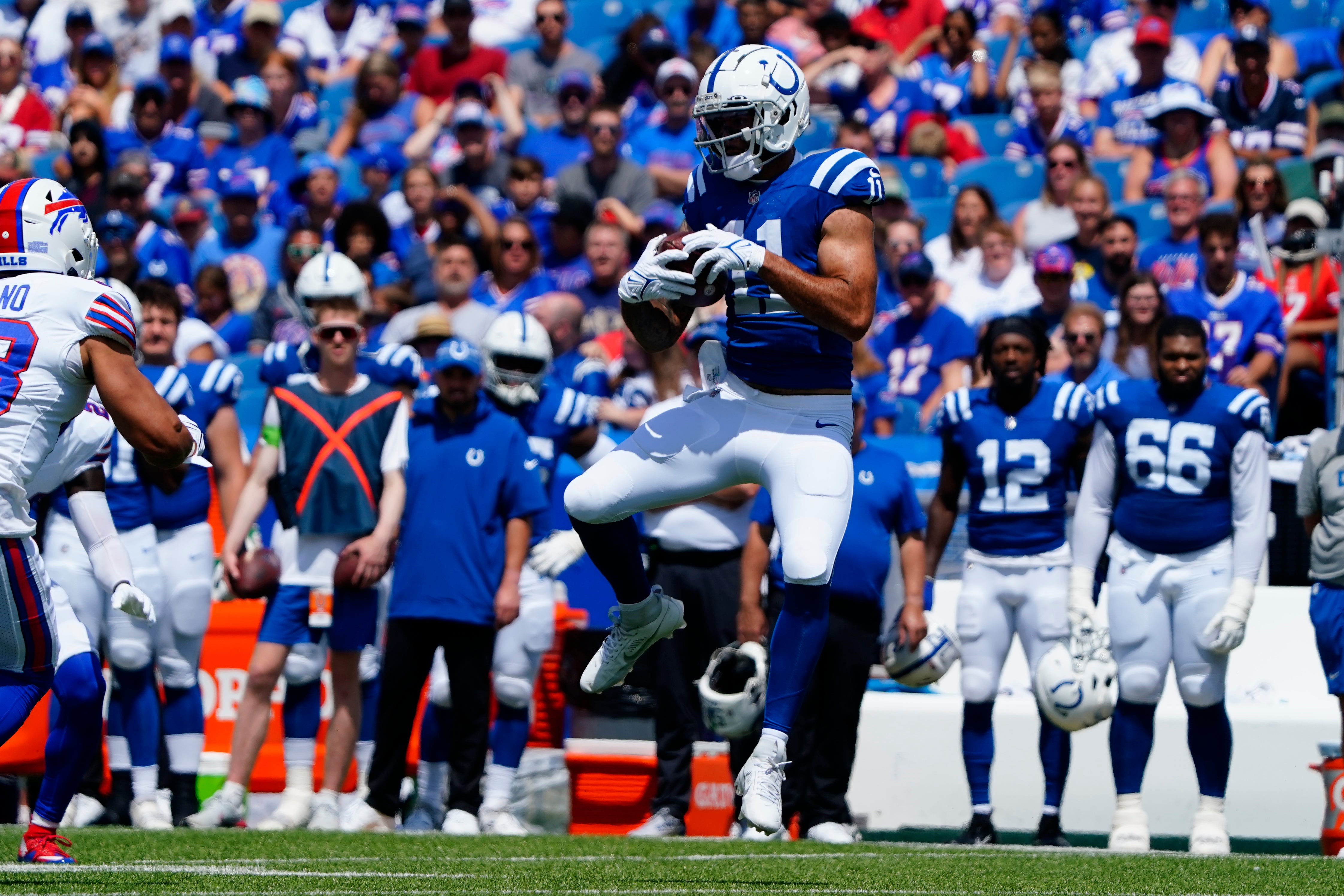 Aug 12, 2023; Orchard Park, New York, USA; Indianapolis Colts wide receiver Michael Pittman Jr. (11) makes a catch against the Buffalo Bills during the first half at Highmark Stadium.