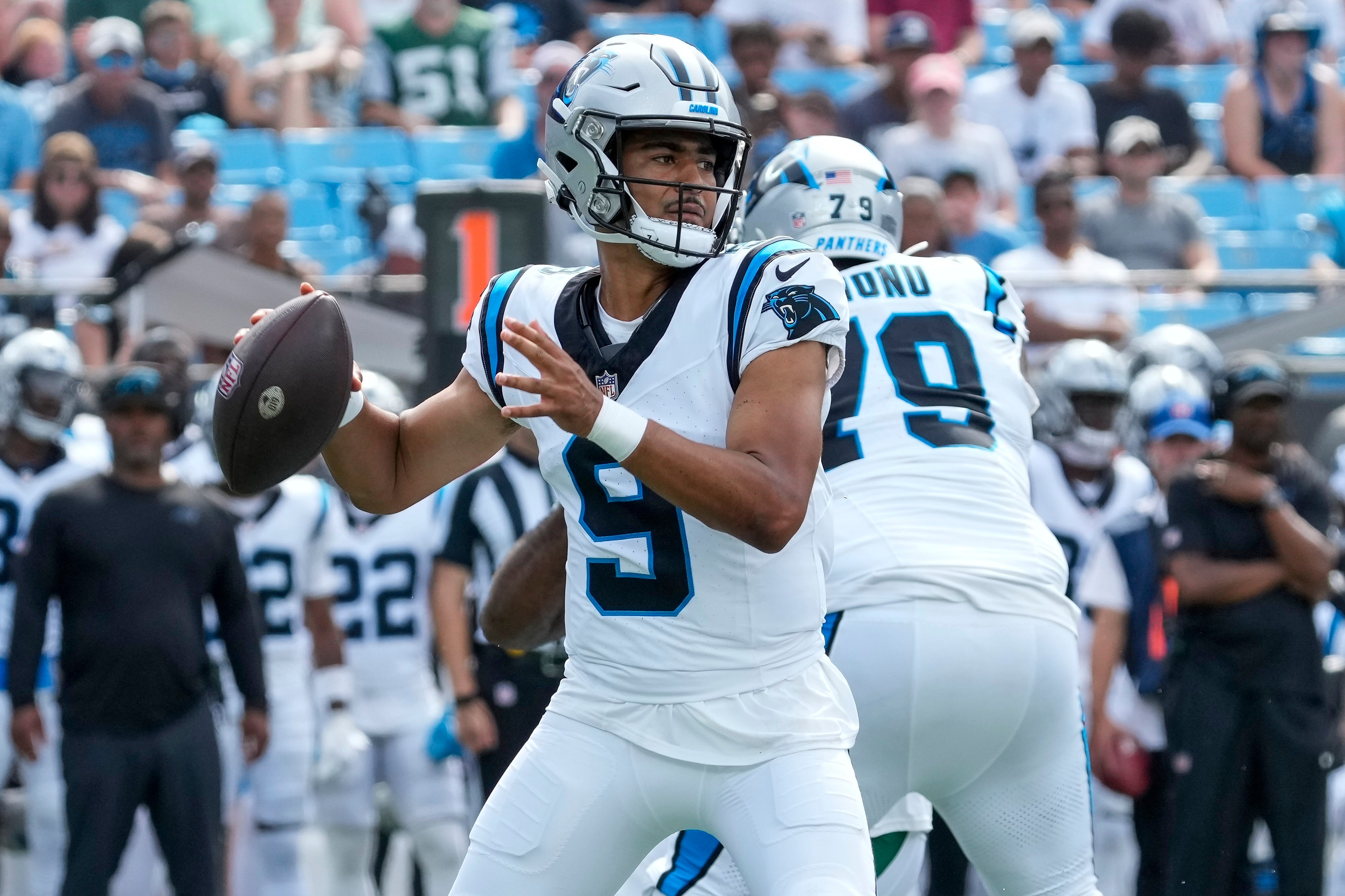 Aug 12, 2023; Charlotte, North Carolina, USA; Carolina Panthers quarterback Bryce Young (9) passes during the first quarter against the New York Jets at Bank of America Stadium.