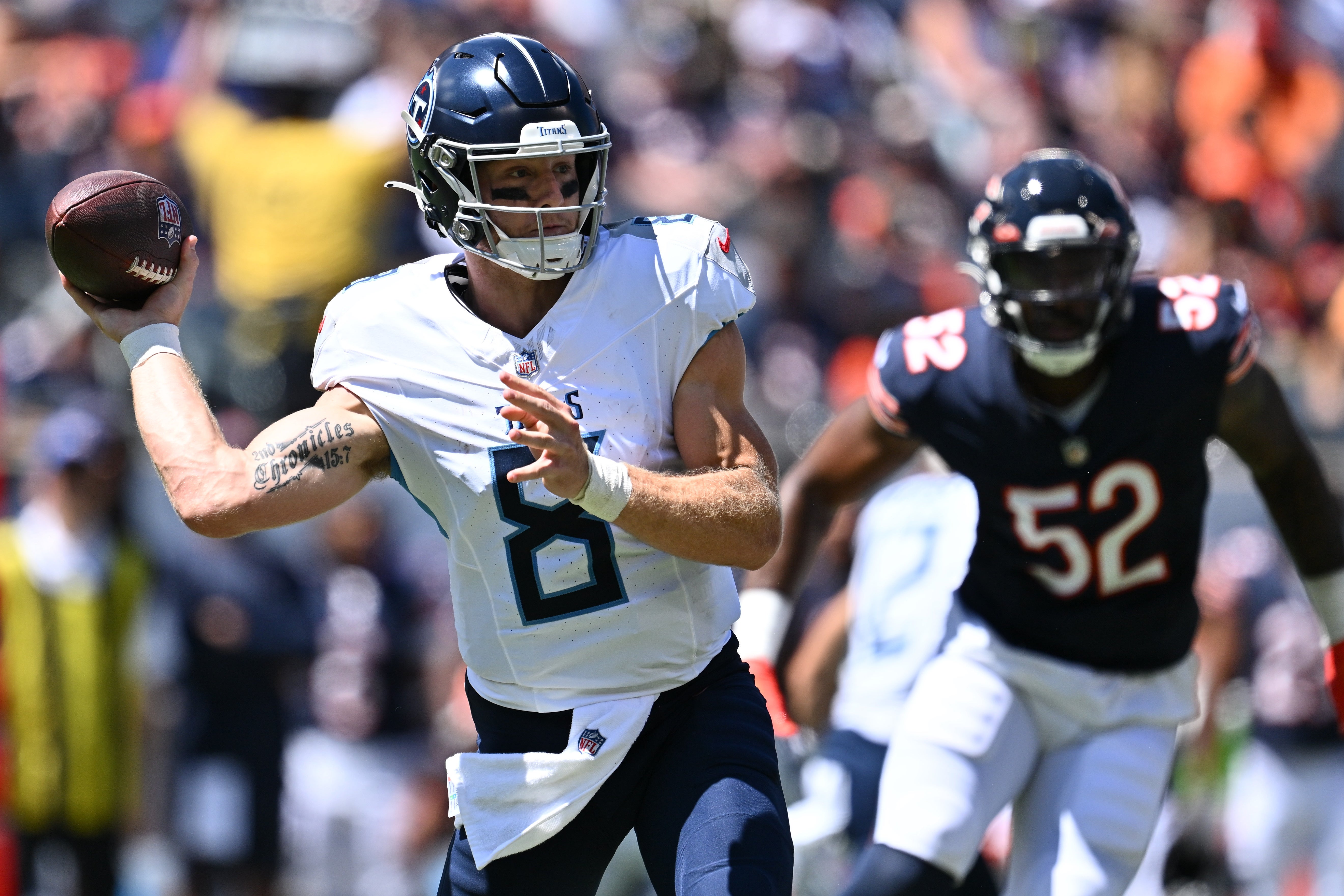 Aug 12, 2023; Chicago, Illinois, USA; Tennessee Titans quarterback Will Levis (8) passes against the Chicago Bears in the first half at Soldier Field.
