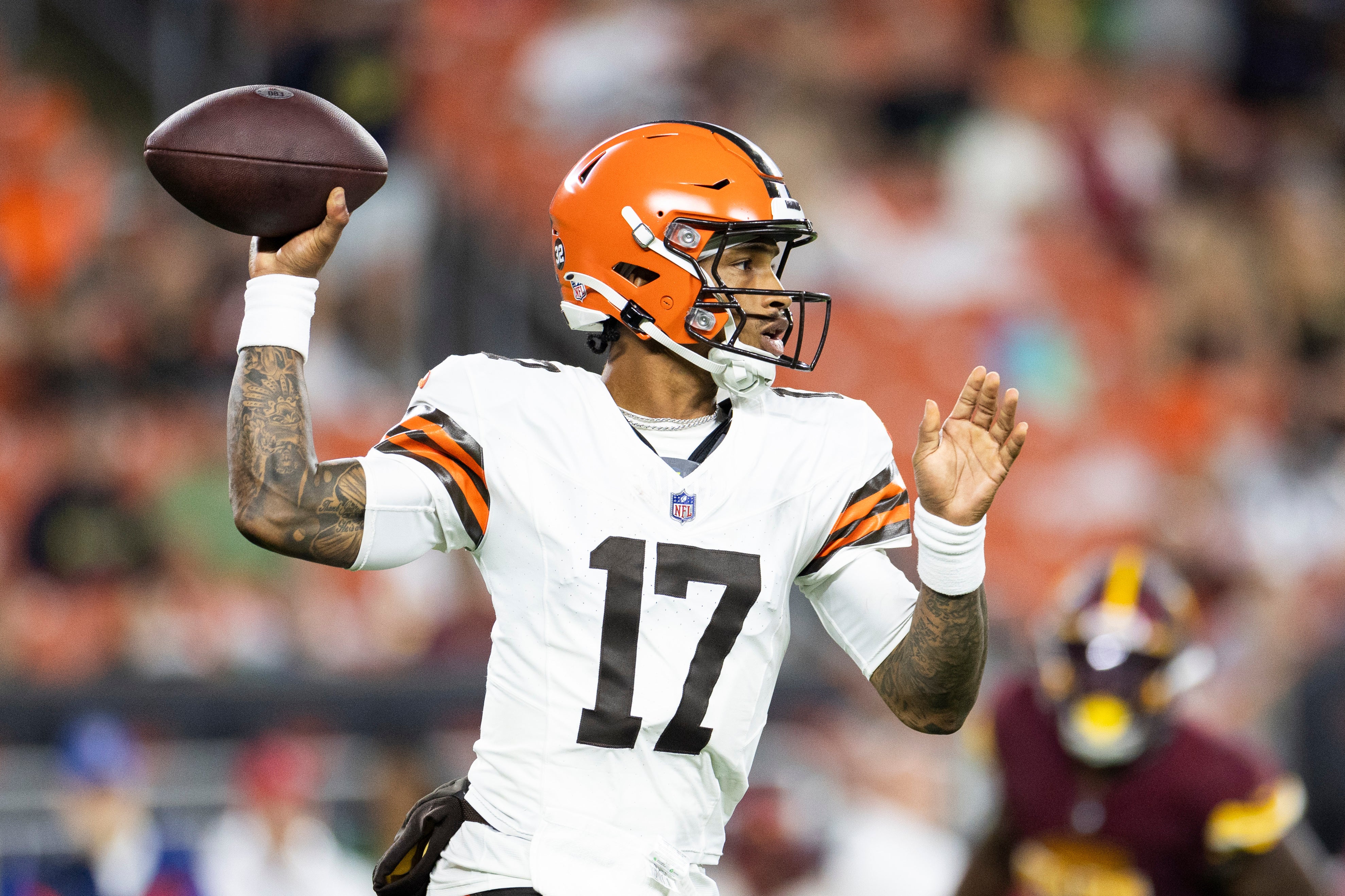 Aug 11, 2023; Cleveland, Ohio, USA; Cleveland Browns quarterback Dorian Thompson-Robinson (17) throws the ball against the Washington Commanders during the third quarter at Cleveland Browns Stadium.