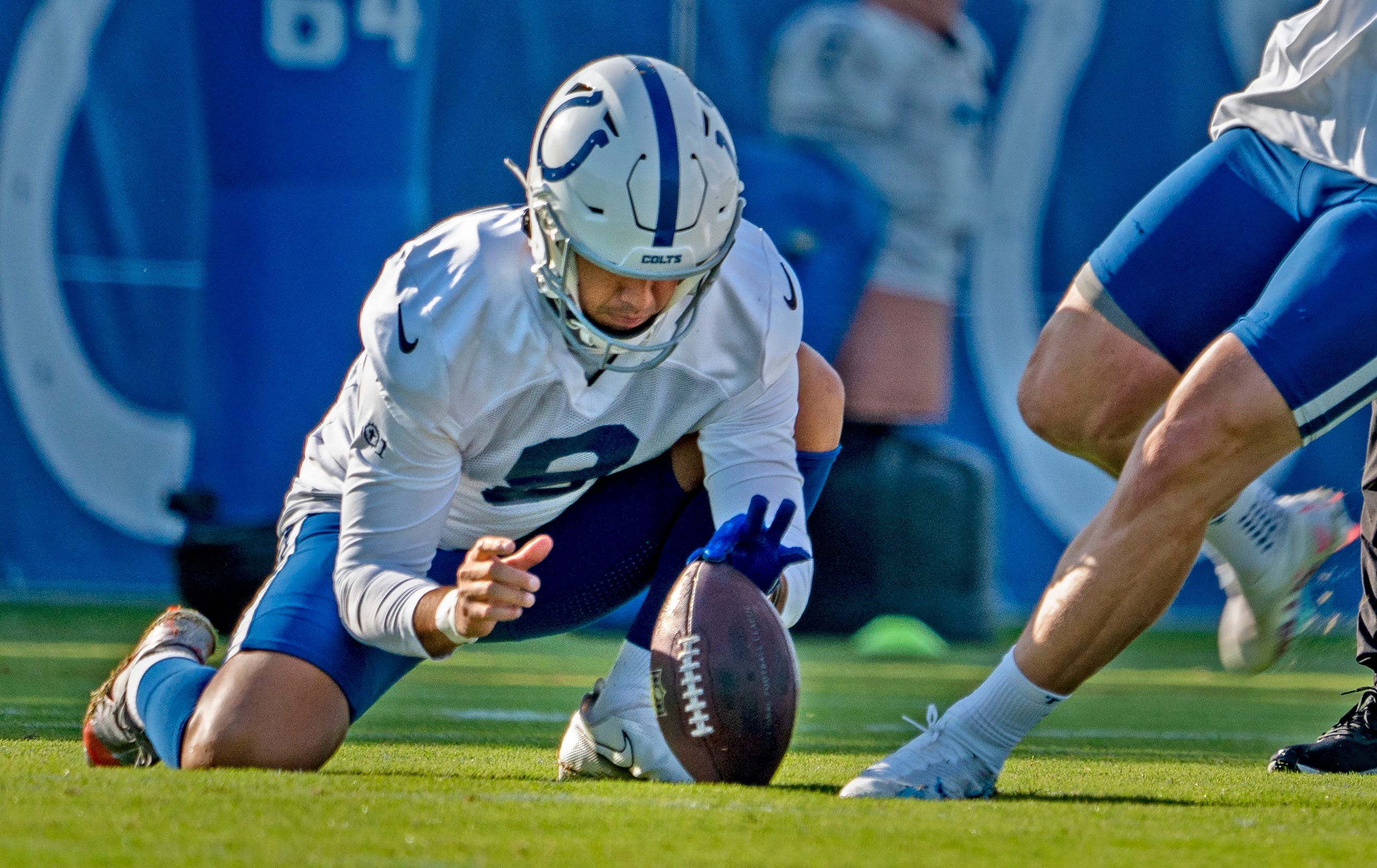 Indianapolis Colts punter Rigoberto Sanchez (8) holds for Indianapolis Colts kicker Matt Gay (7) during day #9 practice of Colts Camp, Tuesday, Aug. 8, 2023 at Grand Park in Westfield.