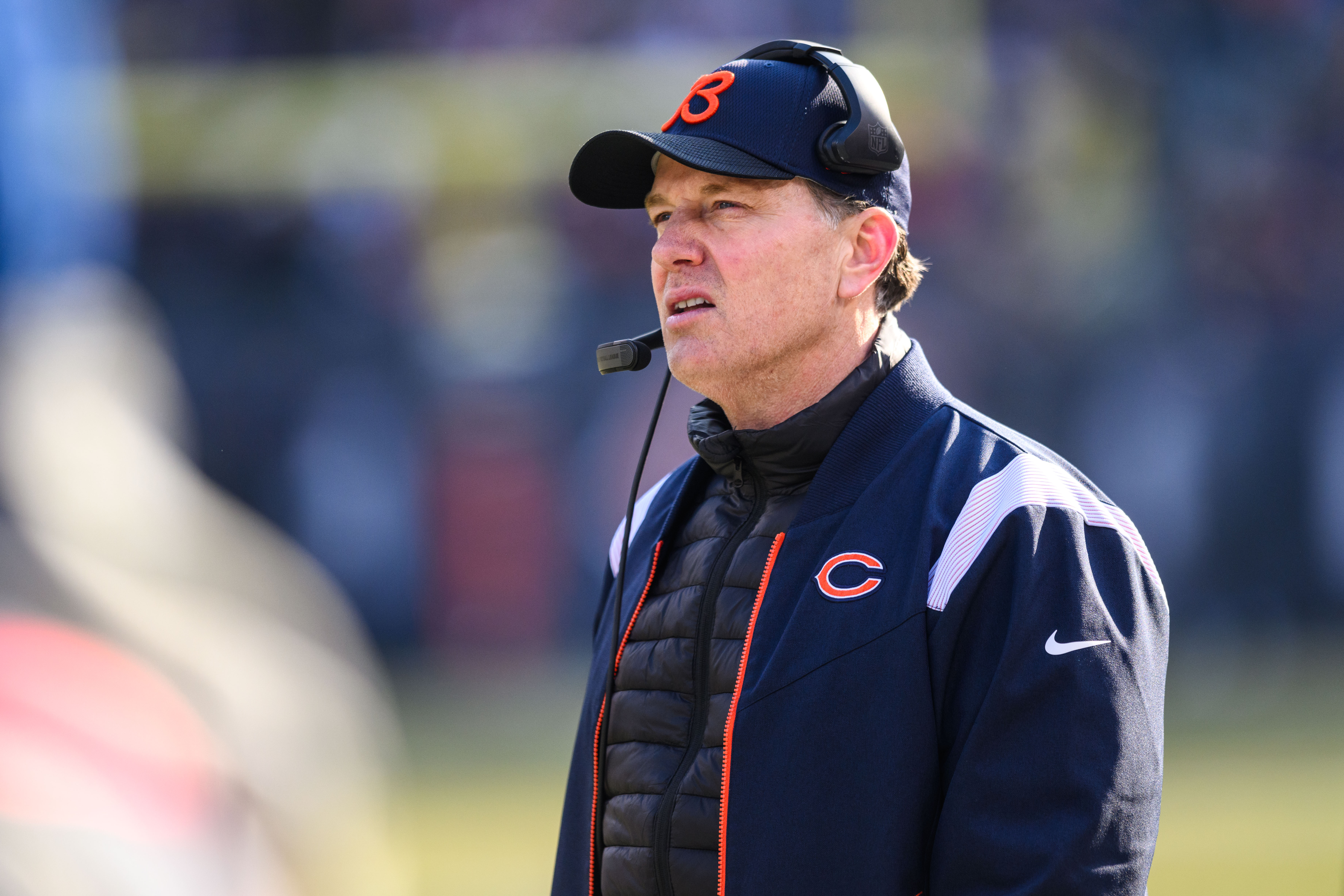 Jan 8, 2023; Chicago, Illinois, USA; Chicago Bears head coach Matt Eberflus looks on during the second quarter against the Minnesota Vikings at Soldier Field.