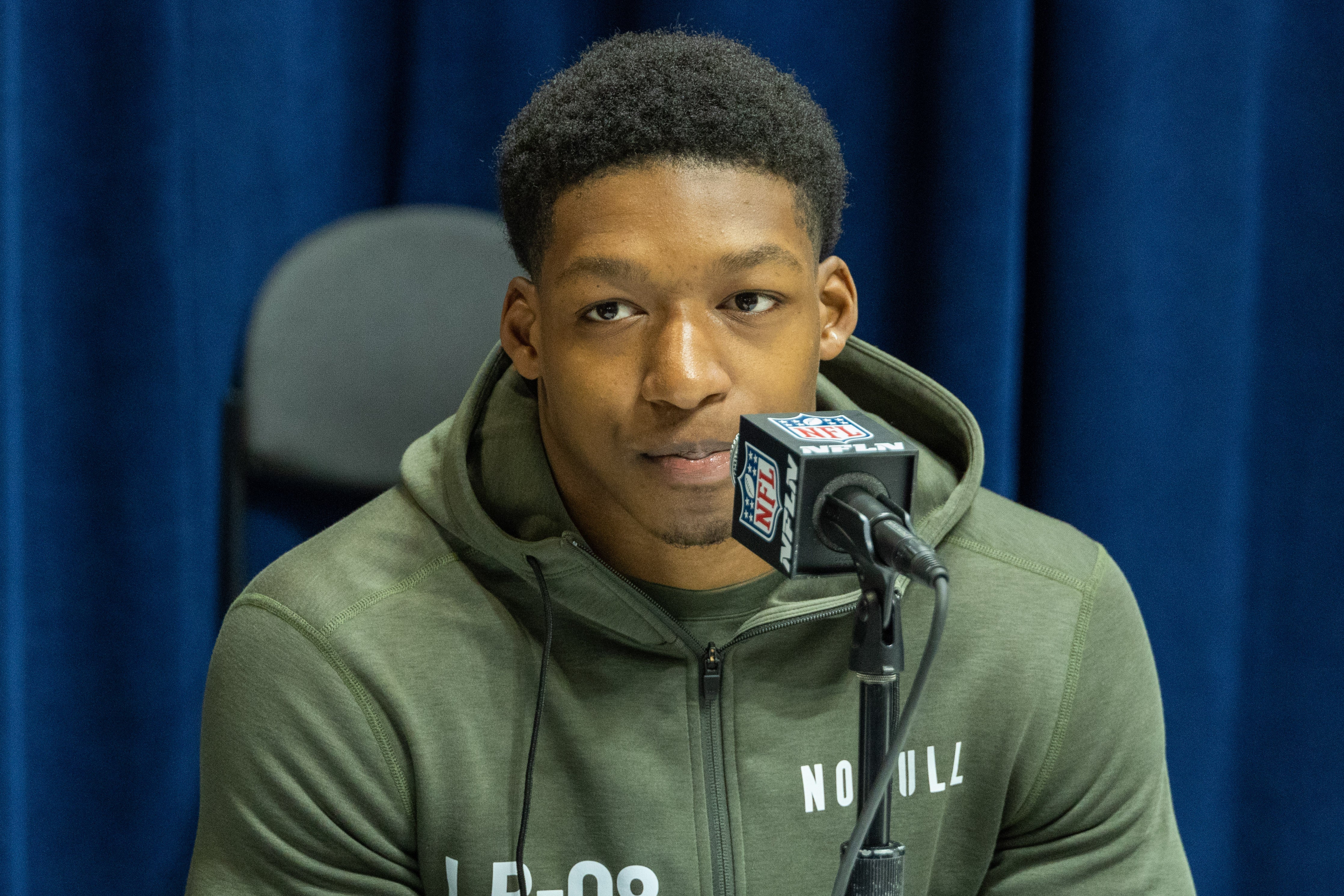 Mar 1, 2023; Indianapolis, IN, USA; Purdue linebacker Jalen Graham (LB08) speaks to the press at the NFL Combine at Lucas Oil Stadium. Mandatory Credit: Trevor Ruszkowski-USA TODAY Sports