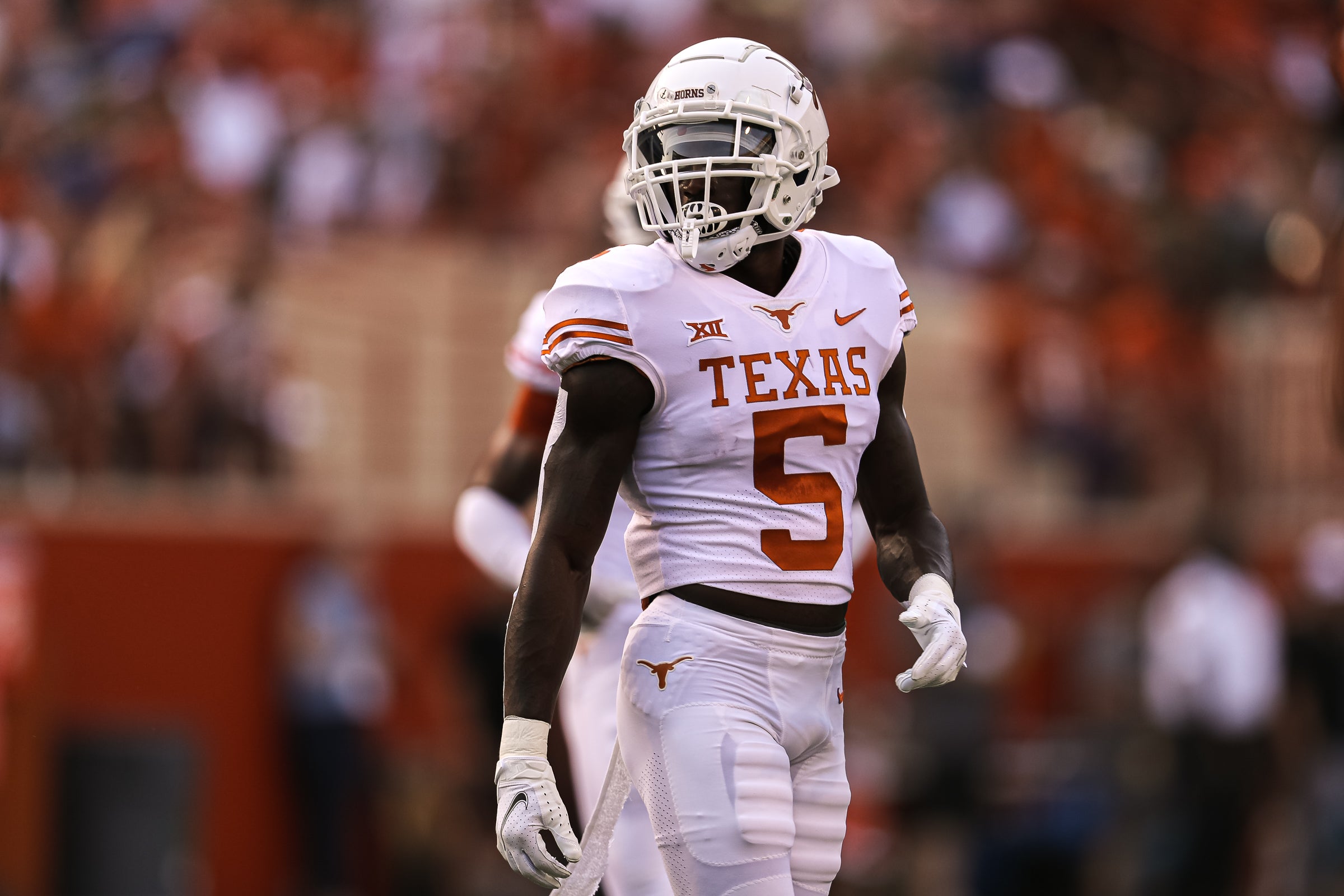 April 23, 2022; Austin, TX, USA; Texas defensive back D'Shawn Jamison (5) takes the field for Texas's annual spring football game at Royal Memorial Stadium in Austin, Texas on April 23, 2022. Mandatory Credit: Aaron E. Martinez-USA TODAY NETWORK