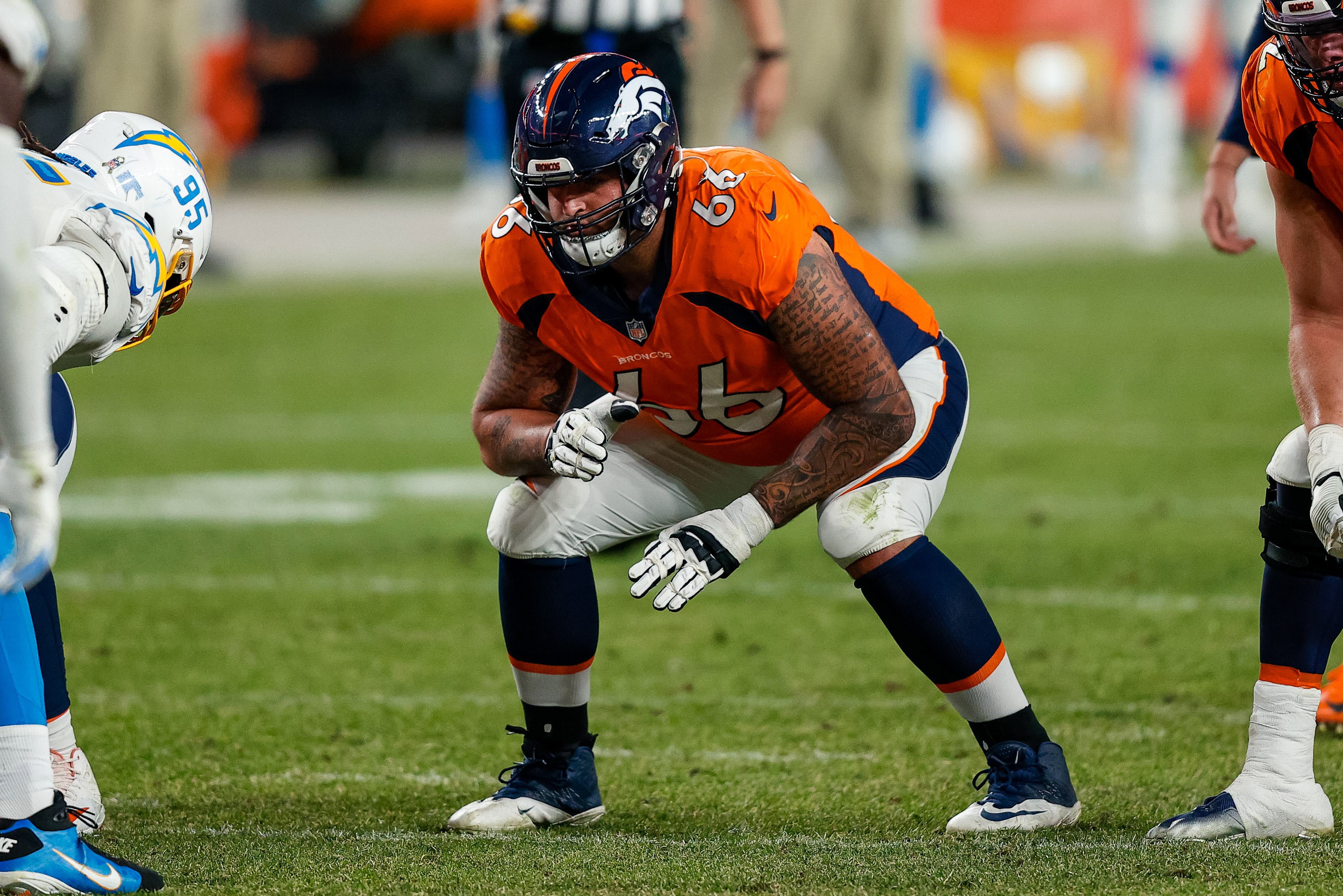 Nov 1, 2020; Denver, Colorado, USA; Denver Broncos offensive guard Dalton Risner (66) in the fourth quarter against the Los Angeles Chargers at Empower Field at Mile High.