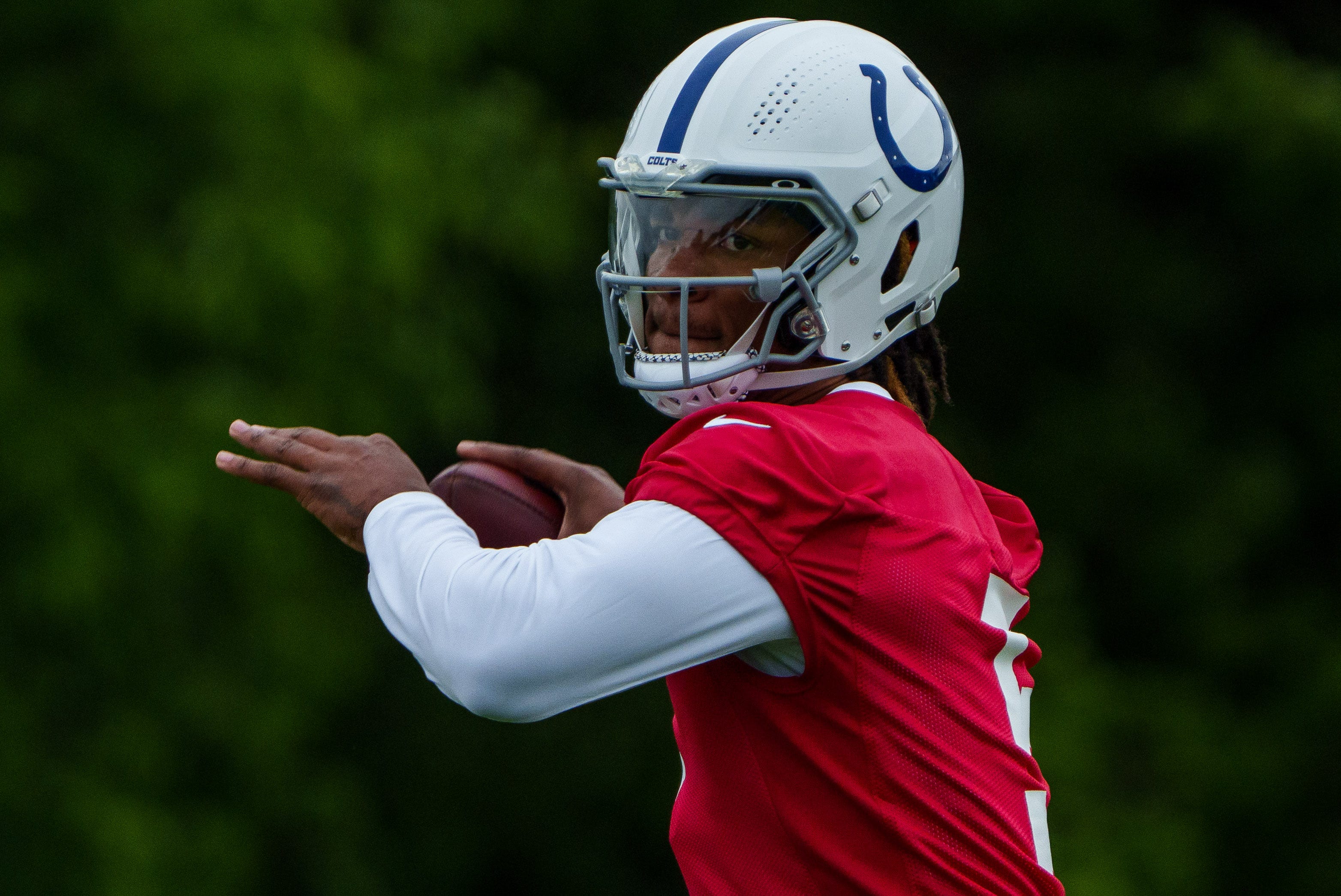 Indianapolis Colts quarterback Anthony Richardson (5) delivers a pass Tuesday, Aug. 15, 2023, during training camp at Grand Park Sports Campus in Westfield, Indiana.