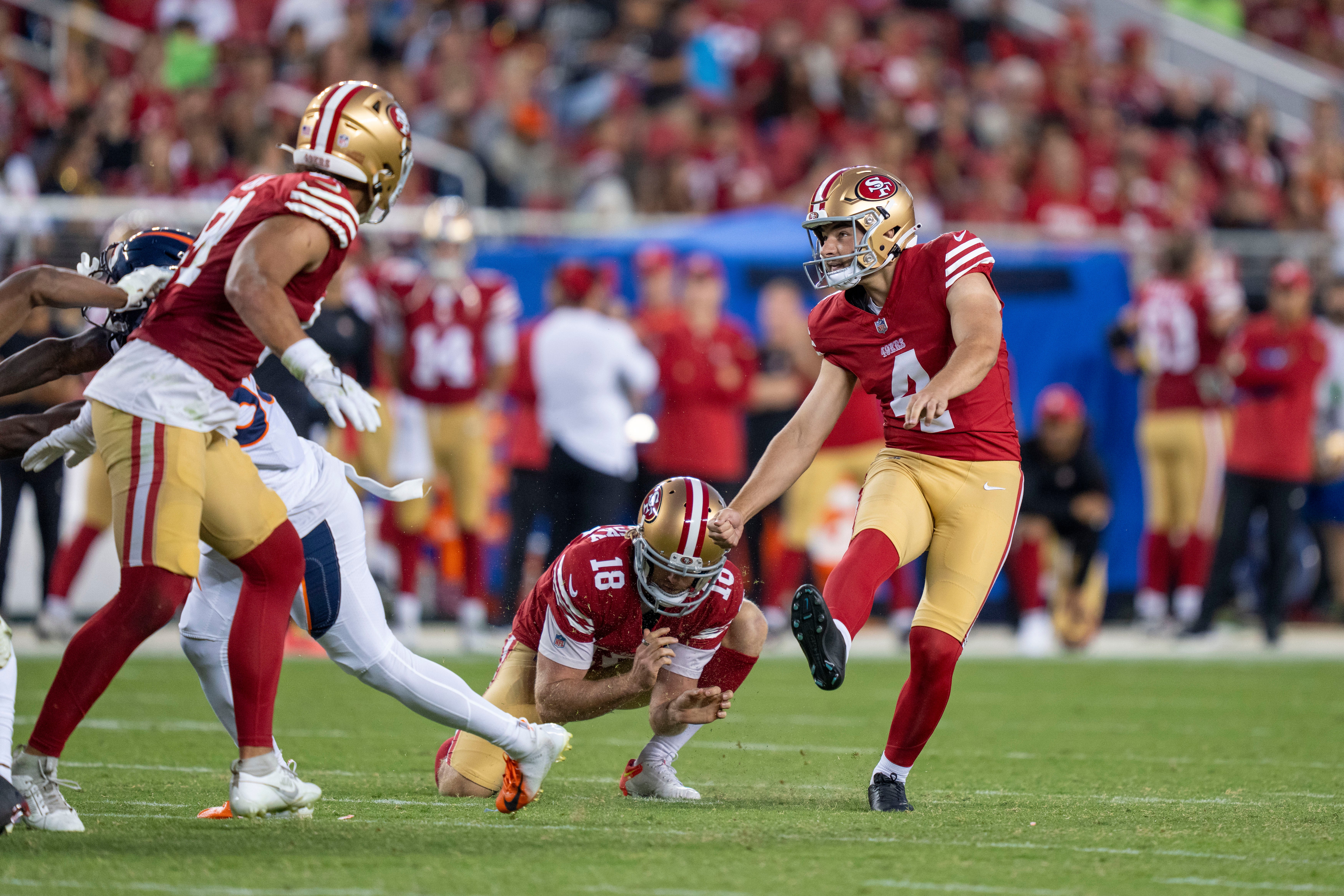 August 19, 2023; Santa Clara, California, USA; San Francisco 49ers place kicker Jake Moody (4) kicks a field goal against the Denver Broncos during the fourth quarter at Levi's Stadium. Mandatory Credit: Kyle Terada-USA TODAY Sports