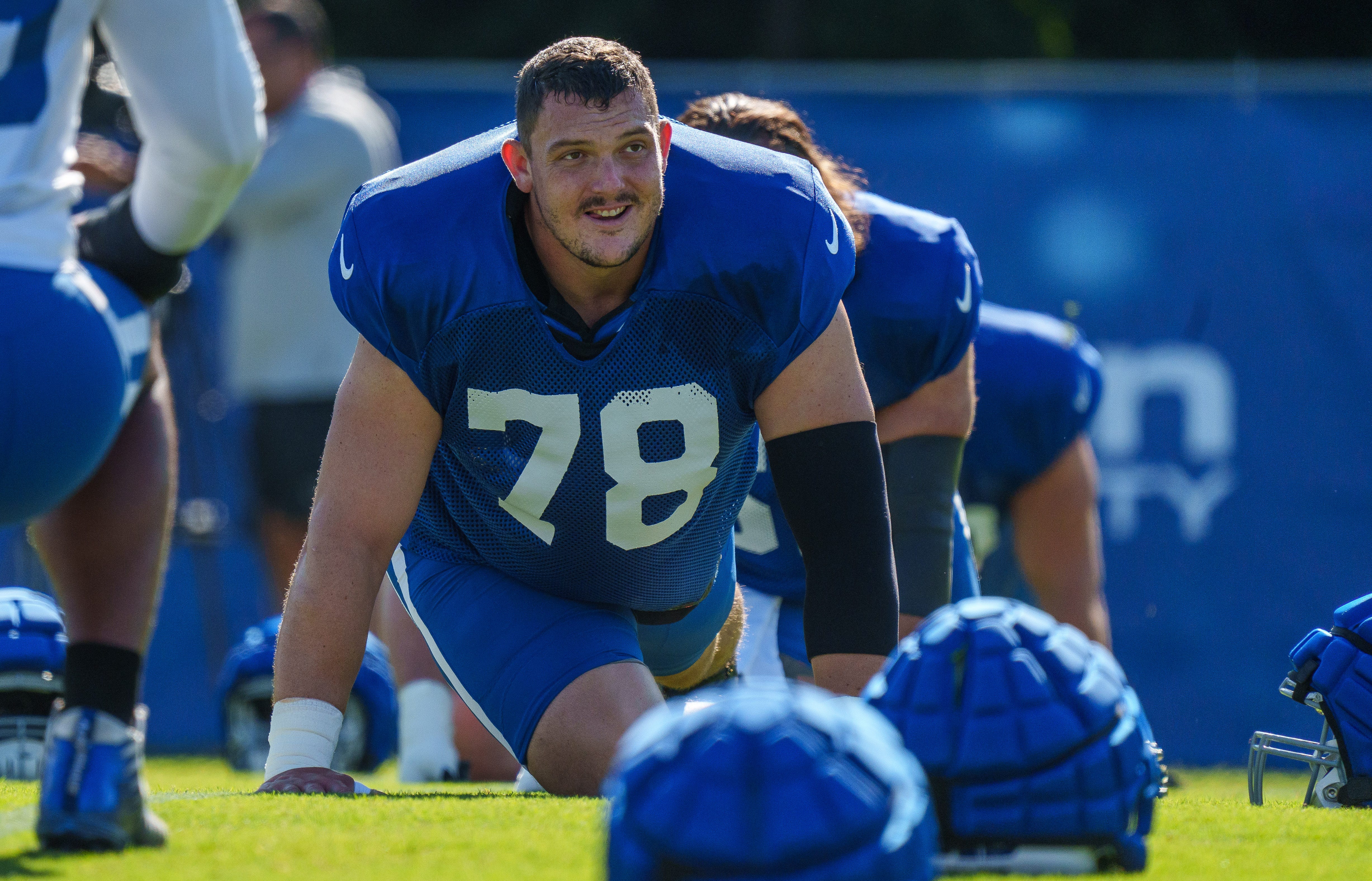 Indianapolis Colts center Ryan Kelly (78) stretches Monday, July 31, 2023, during training camp at the Grand Park Sports Campus in Westfield, Indiana.