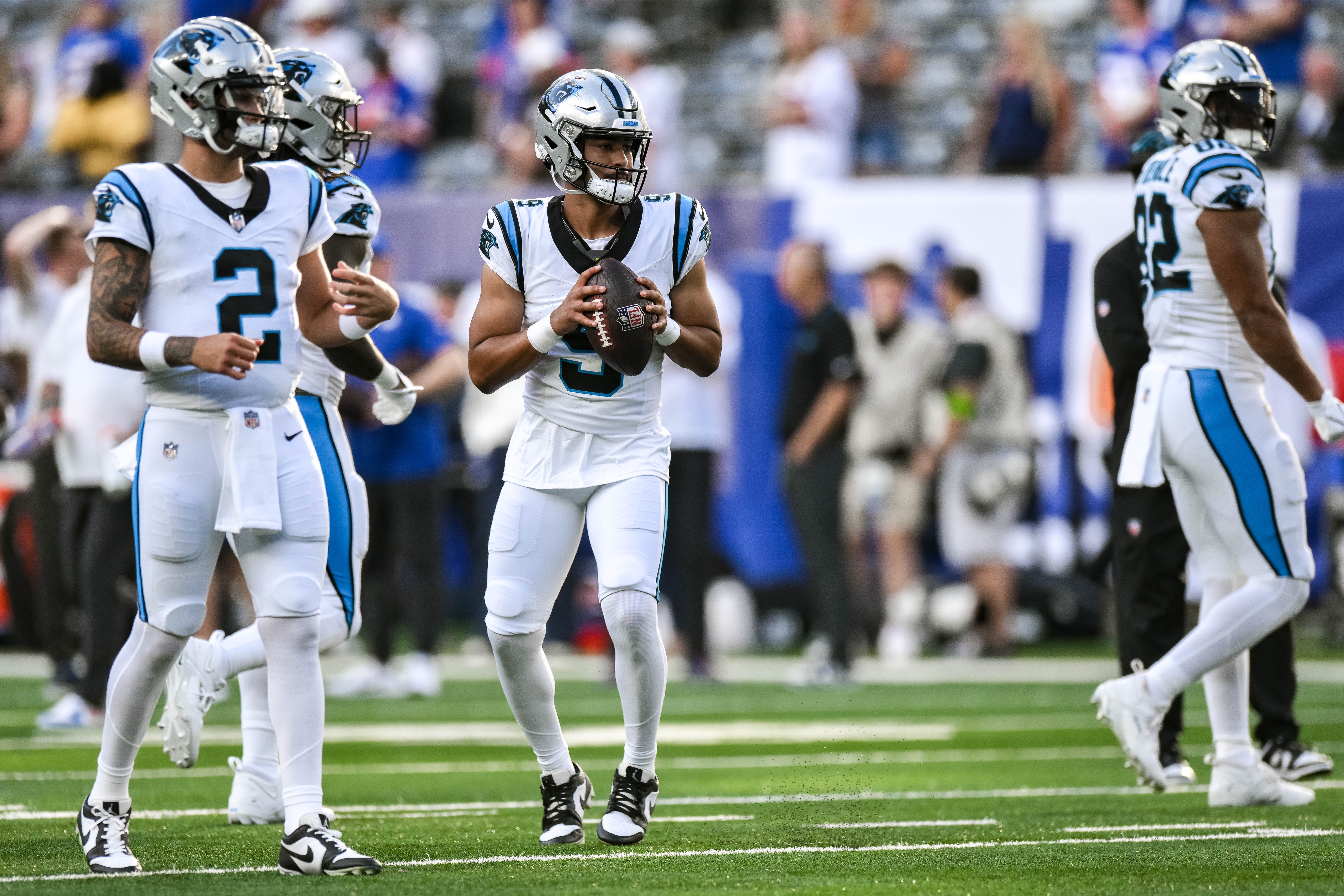 Aug 18, 2023; East Rutherford, New Jersey, USA; Carolina Panthers quarterback Bryce Young (9) warms up during pregame of National Football League game between the New York Giants and the Carolina Panthers at MetLife Stadium. Mandatory Credit: John Jones-USA TODAY Sports