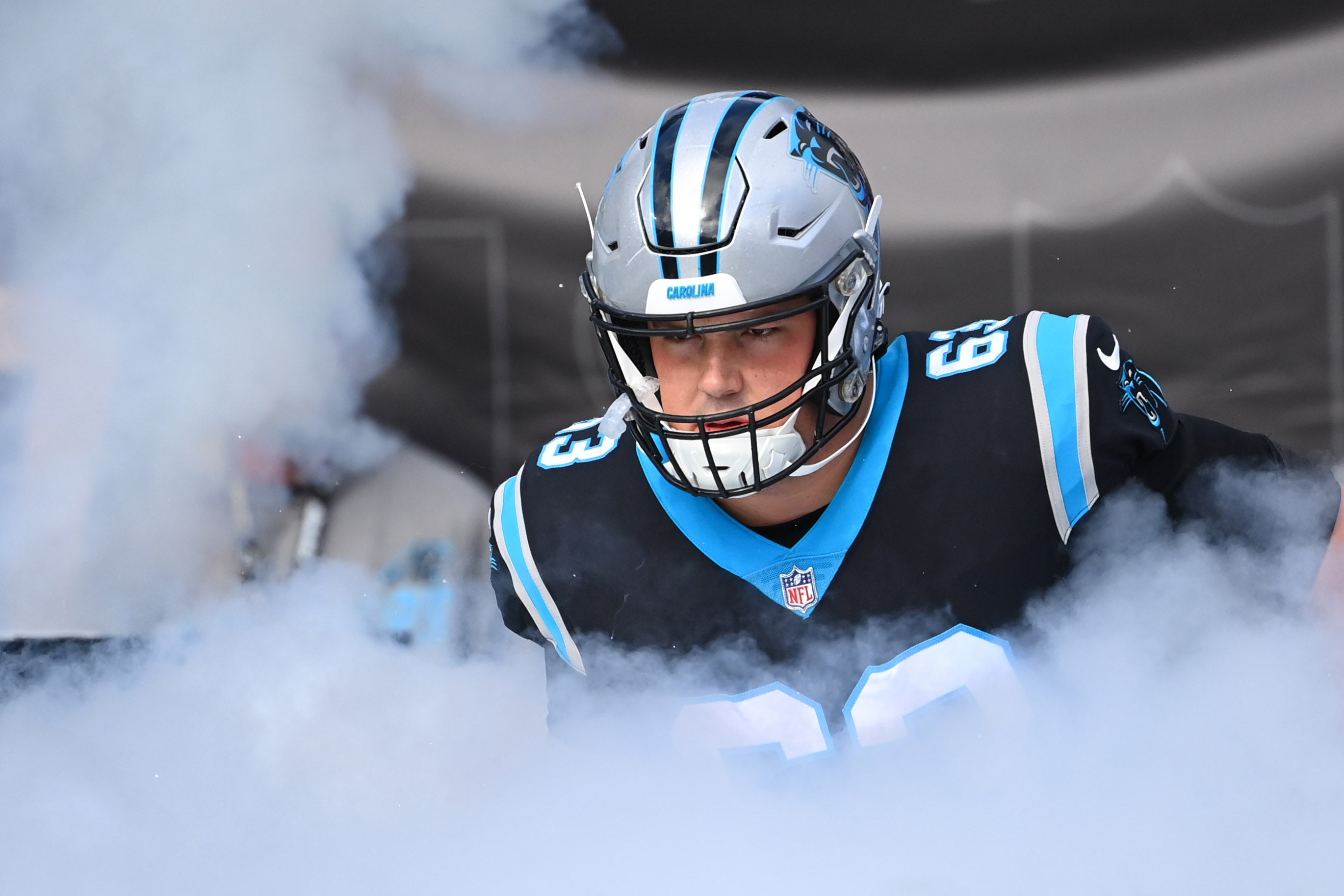 Nov 27, 2022; Charlotte, North Carolina, USA; Carolina Panthers guard Austin Corbett (63) runs on to the field at Bank of America Stadium. Mandatory Credit: Bob Donnan-USA TODAY Sports